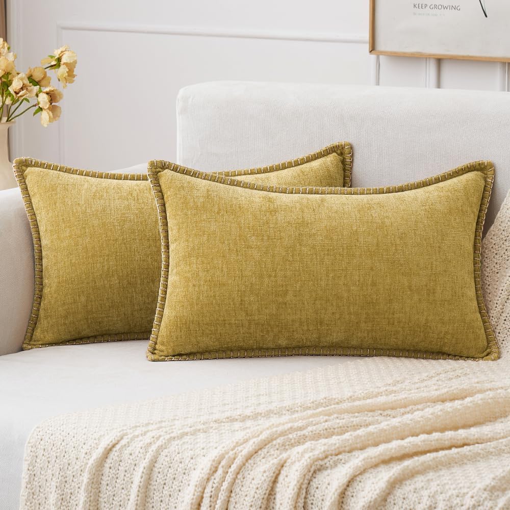 MIULEE Pack of 2 Couch Throw Pillow Covers 12x20 Inch Mustard Yellow Farmhouse Decorative Pillow Covers with Stitched Edge Soft Chenille Solid Dyed Fall Pillow Covers for Sofa Bed Living Room