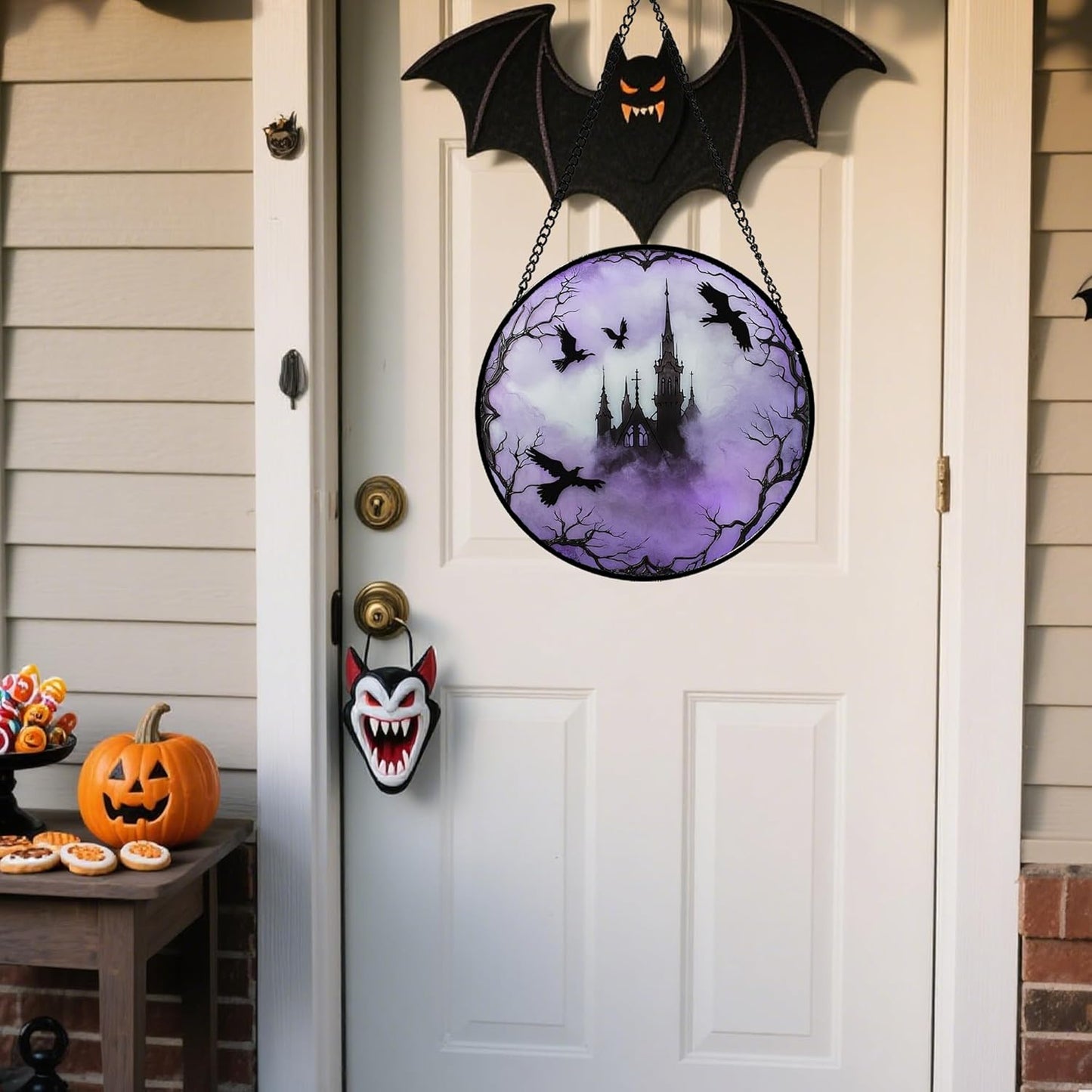 Stained Glass Window Hanging - Halloween Gothic Castle Purple Smoke Suncatcher for Doors Garden Home Spooky Crow Sun Catchers Gothic Decor Horror Gift for Women Men Friend Boy Girl 11.8 in