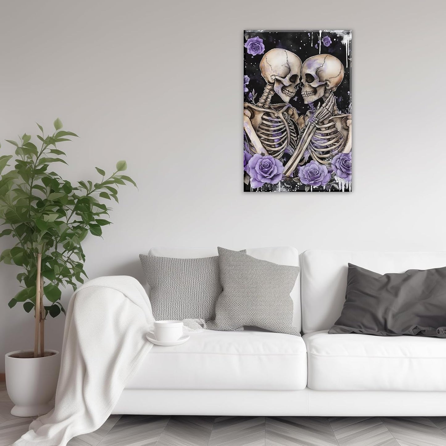 Skull Canvas Wall Art Couple Skeleton Holding Each Other Picture Art Poster Abstract Lover Painting Modern Artwork Horrible Halloween Decor(Artwork-2,20"x30")