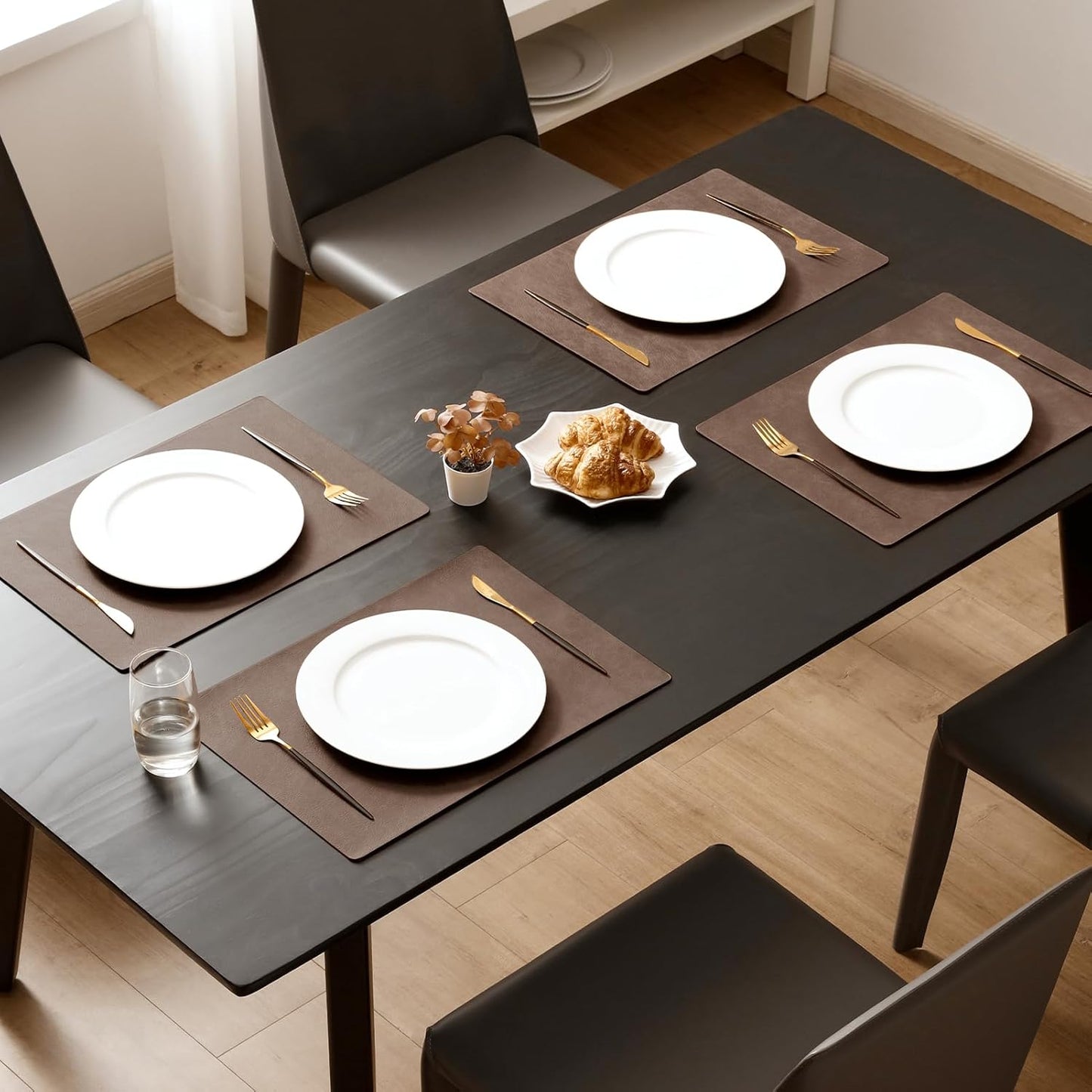 MOSAYT Vinyl Placemats Set of 6-12 X 17 Inch - Faux Leather 100% Waterproof Oil-Proof Wipeable PU Place Mats, Heat Resistant Reversible Table Mats for Kitchen, Dining, Outdoor (Brown)