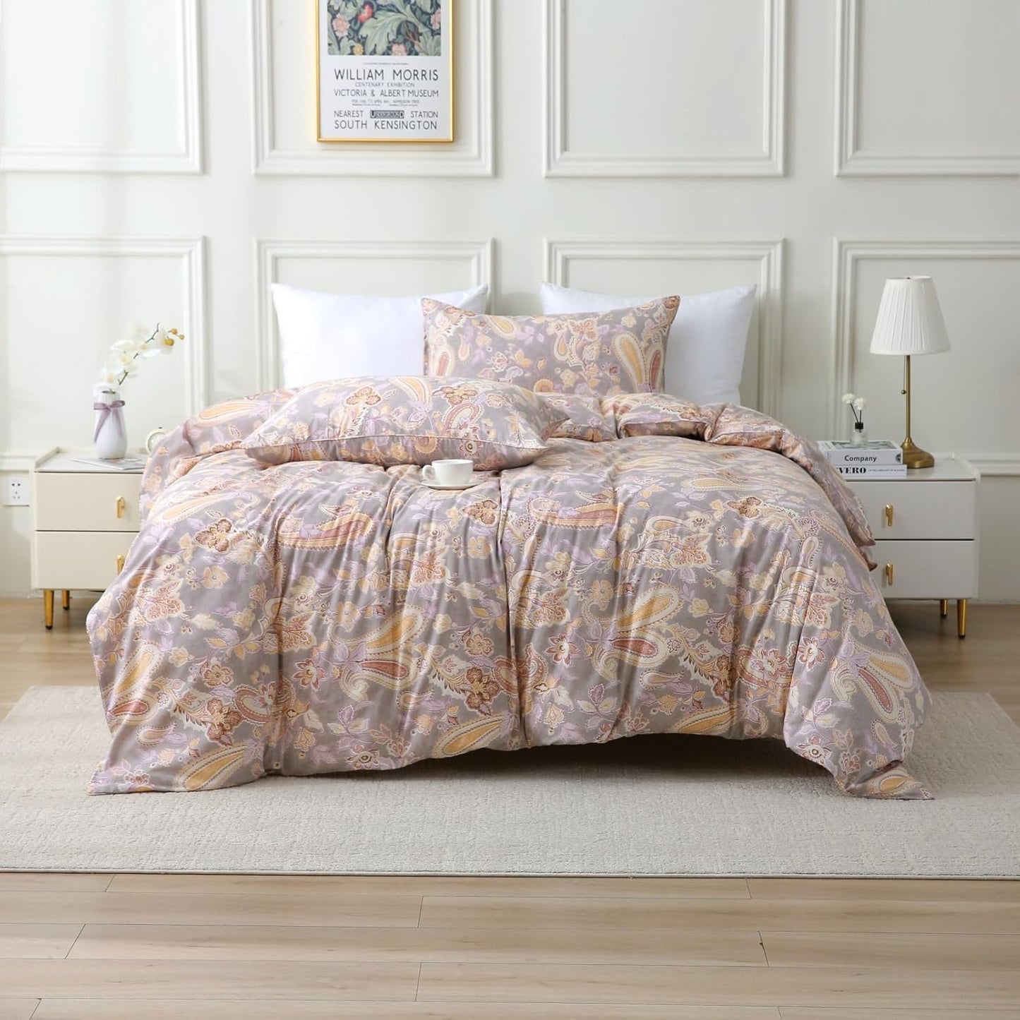 ABREEZE Paisley Bedding Sets 3Pcs Brushed Cotton Duvet Cover Set King Size Rustic Damask Gold Floral Comforter Cover with Zipper Closure Boho Bedding Collections