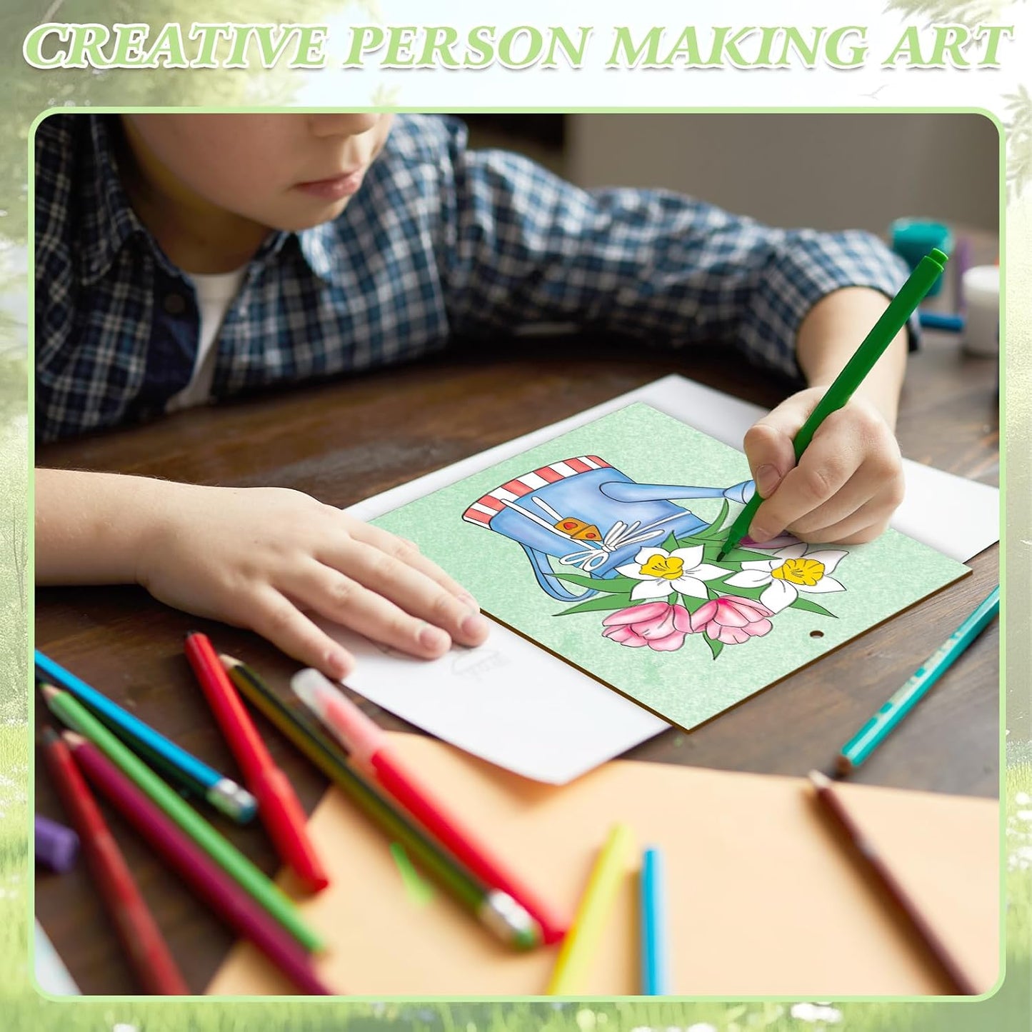 COCHIE 10 Pieces Large Spring Unfinished Wood Crafts to Paint for Adults and Kids, Bulk Predrilled Wooden Ornaments for Painting, Tulips Flowers Paintable Wood Slices Craft Supplies with Ropes