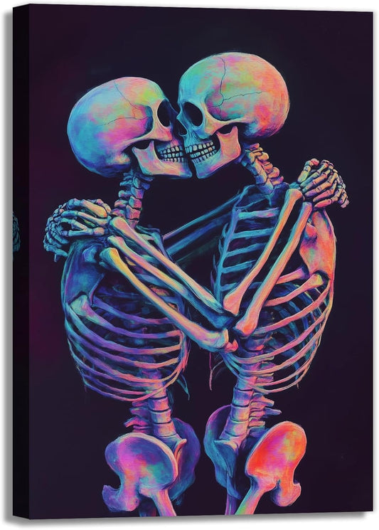 Skeleton Wall Art Kissing Skull Art Poster Skeleton Lover Picture Print On Canvas Abstract Horrible Theme Painting Framed Artwork Living Room Decor(Artwork-3,24"x36")