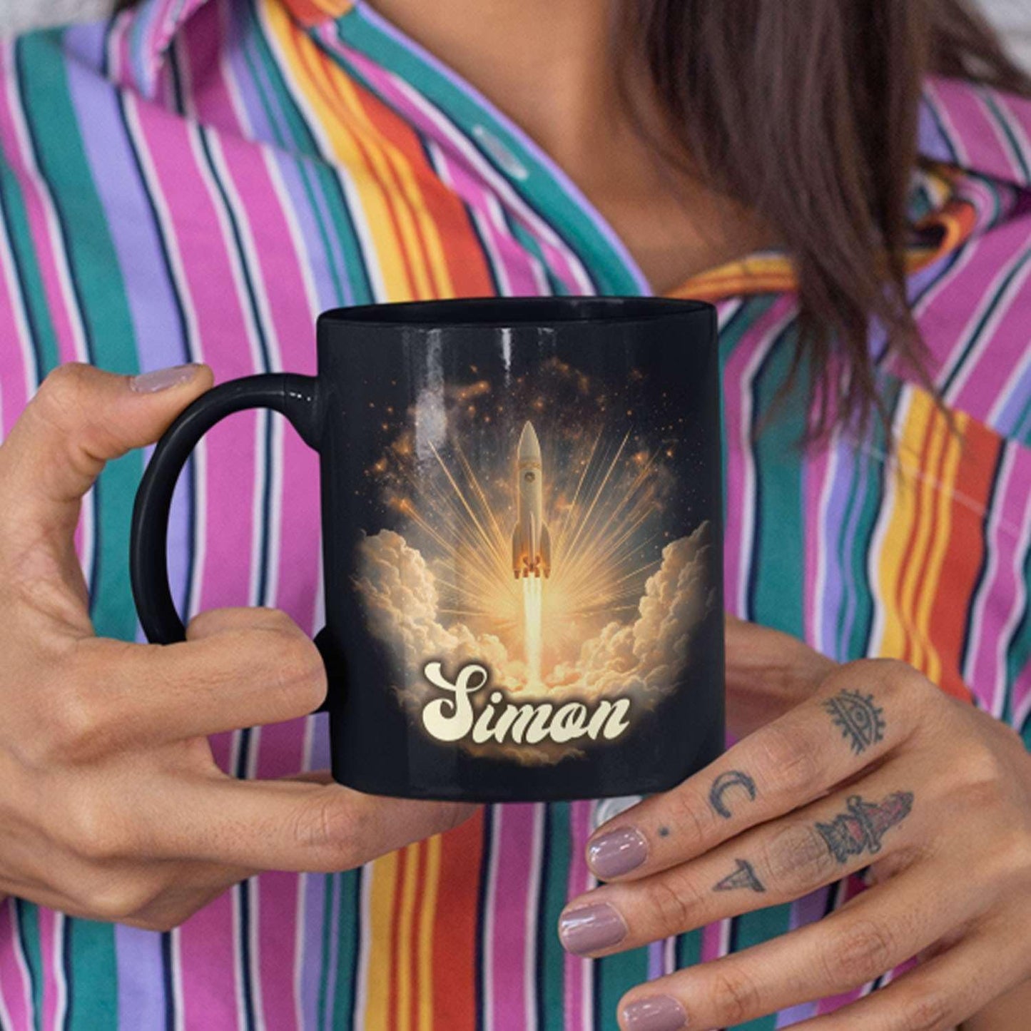 Sci-Fi Inspired Ceramic Mug for Men, Custom Name Coffee Mug 11oz or 15oz, Personalized Rocket Enthusiast Black Cup, Custom Vibrant Rocket Coffee Cup, Gifts for Astronaut Fans