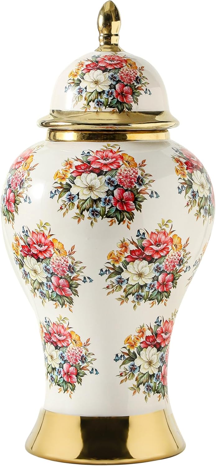 Ginger Jars for Home Decor, White Gold Ceramic Vase with Colorful Floral Pattern, Handmade Decorative Flower Vase with Lid for Home, Kitchen, Office, Table, Bookshelf, Mantle Fireplace,(18in)