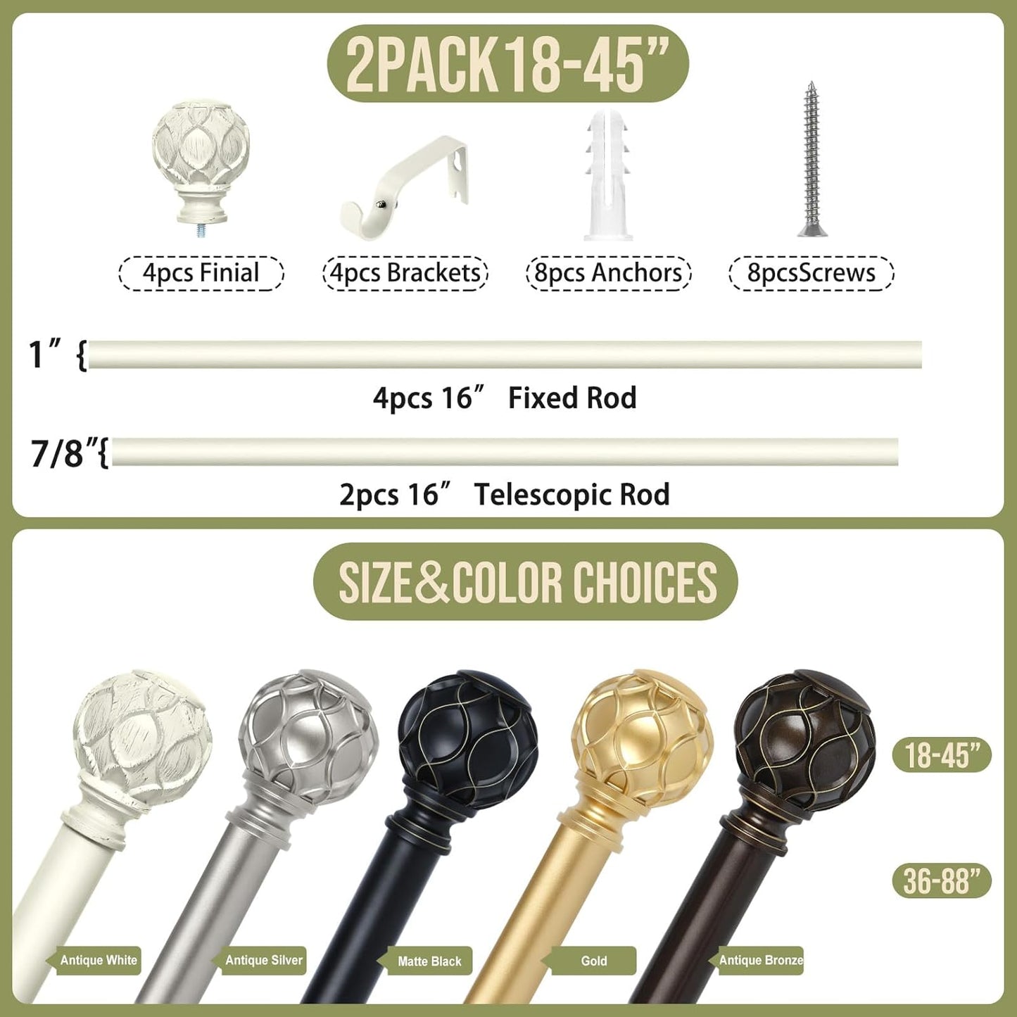 White Farmhouse Curtain Rods for Windows:Heavy Duty Adjustable Curtain Rod for Bedroom Living Room,Boho Decorative Rustic Drapery Rods with Vintage Coastal Finials,Antique White 2 Pack 18-45"