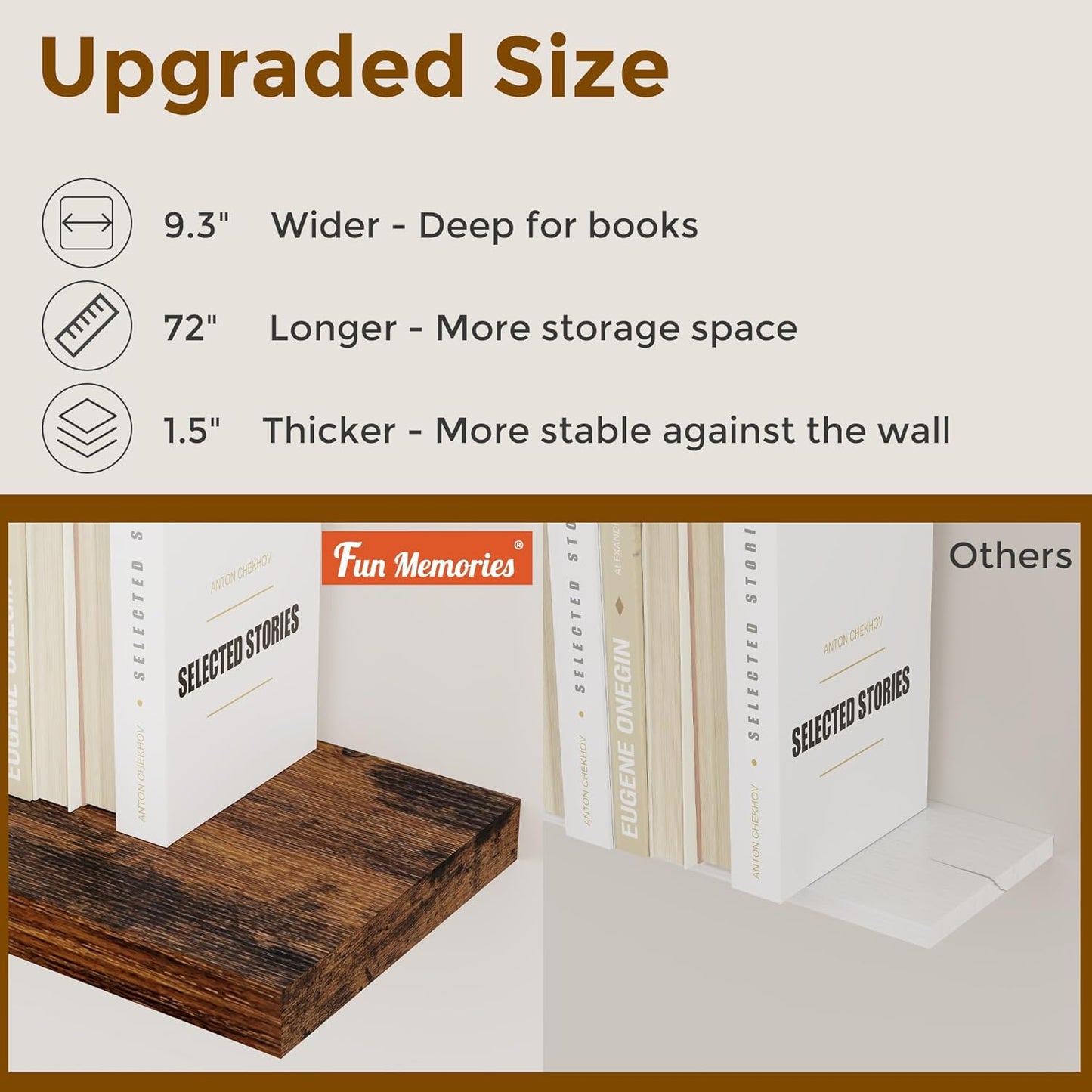 72 Inch Floating Shelves, 72 x 9 Rustic Wooden Fireplace Mantel, 9 Inch Floating Shelf for Wall, Farmhouse Wall Shelves for Home Storage & Display, Rustic Brown Color, Set of 1