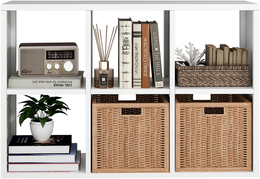 6 Cube Storage Organizer, Black Bookshelf with Storage, 2 Tier Storage Cubes,Freestanding Storage Organizer with Shelves for Living Room, Study