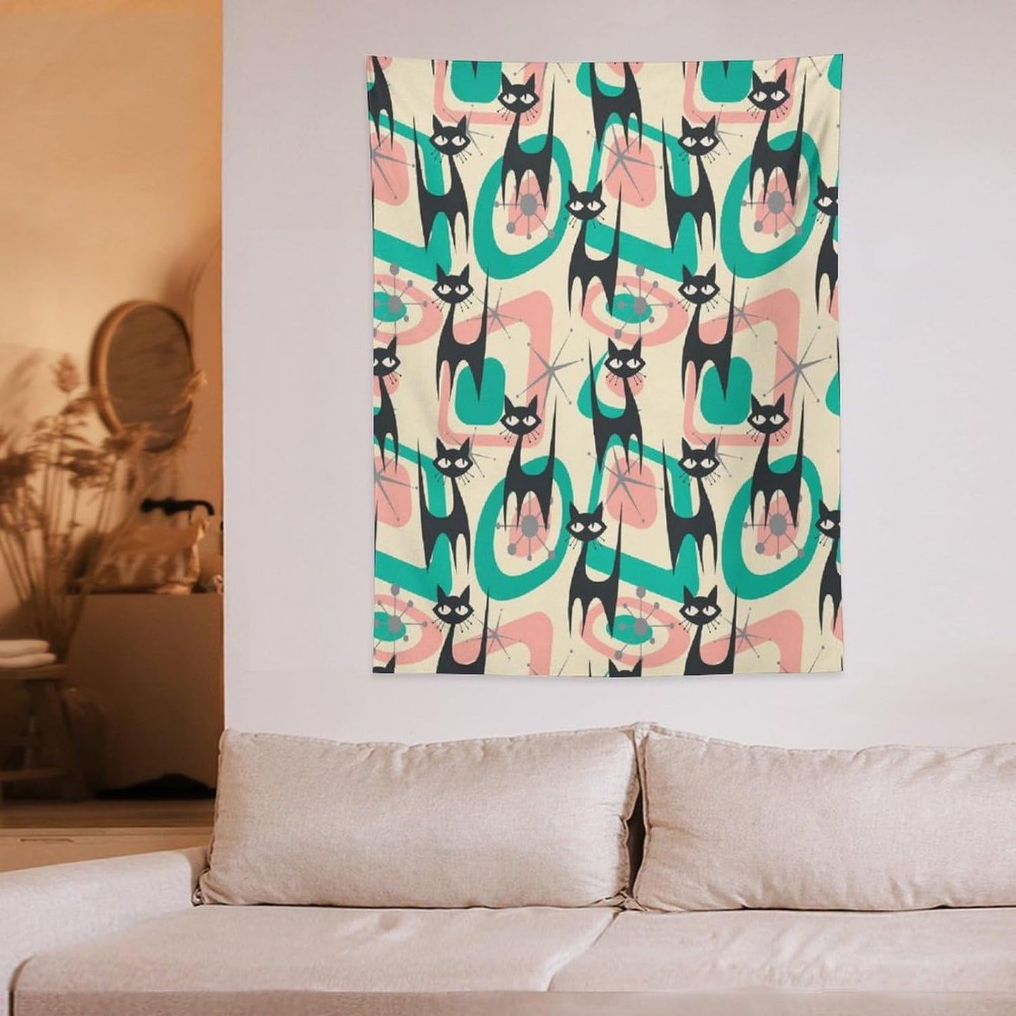 ICMOLYYENLO Boho Medieval Cat Tapestry, Abstract Atomic Starburst Geometric Aesthetic Art Wall Hanging For Bedroom Living Room Dormitory 60x60 Inches