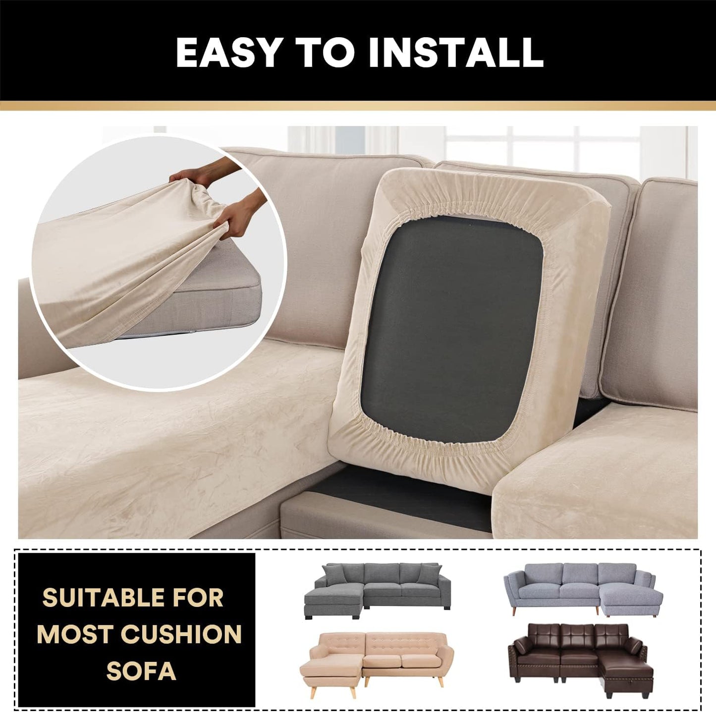 PrinceDeco Sectional Couch Covers 3 Pieces Velvet Sofa Covers L Shape Soft Couch Covers for Sectional Sofa Corner Sofa Cover Couch Cover for Dogs Washable (2 Seater + 1 Chaise,Ivory)