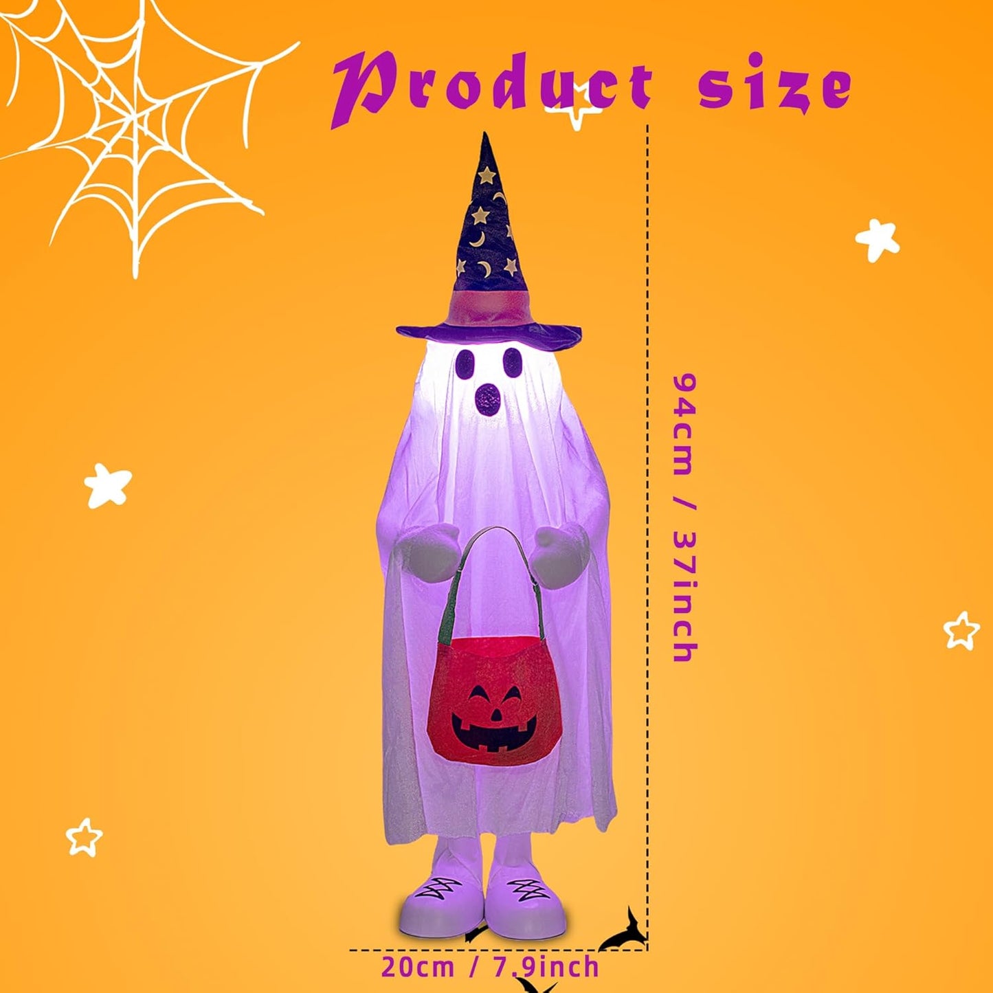 37" Cute Front Porch Light Up Halloween Ghost Décor, Kids Standing Trick or Treat Indoor and Outdoor Decorations-Star Moon