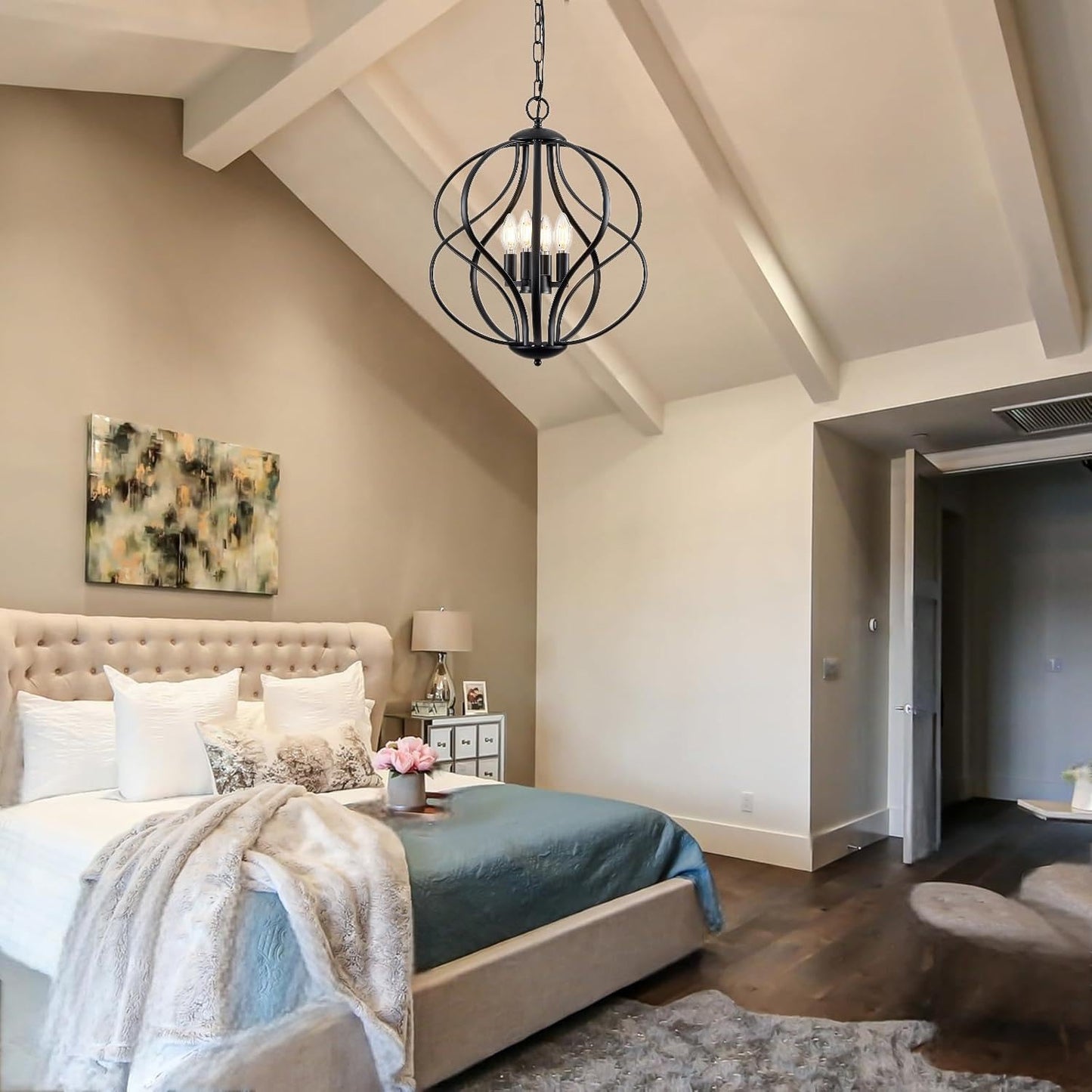 Modern Black Chandelier for Dining Room, 4 Lights Geometric Chandeliers, Sphere Chandelier Industrial Large Pendant Light Fixtures Hanging for Kitchen, Entryway, Foyer, Stairs