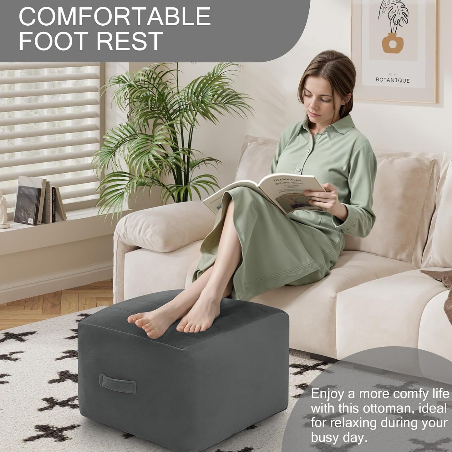 MeMoreCool Square Stuffed Pouf Ottoman Foot Rest, Floor Pouf Foot Stool with Foam Chunk Filling, Soft Stuffed Ottoman Footrest for Living Room, Dark Grey