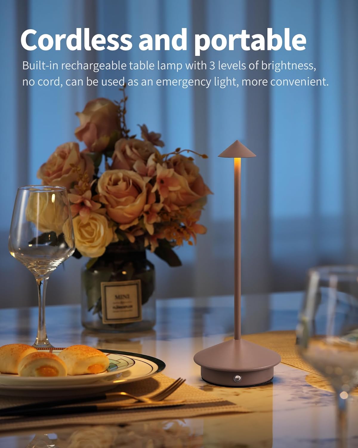 Modern Cordless Table Lamp Set of 2, Portable LED Desk Lamps, 5000mAh Rechargeable Battery Operated Lighting for Bedroom Dining Room Restaurant Coffee Shop Camping Night Light (Brown)