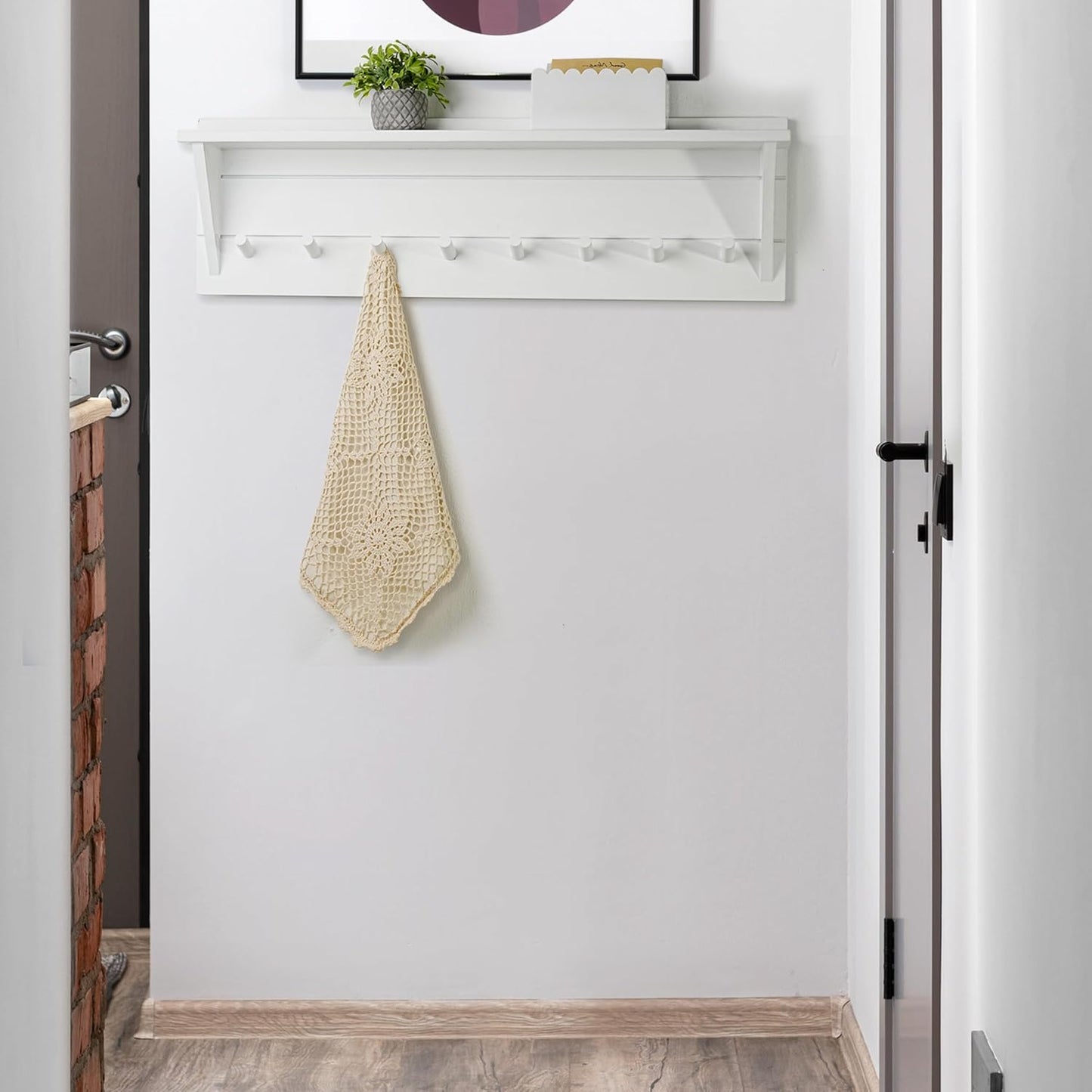 WEBI Coat Rack Wall Mount with Shelf,8 Peg Hooks,34" Long Entryway Wall Shelf with Hooks Underneath for Hanging Coats,Caps,Jacket,Clothes,White