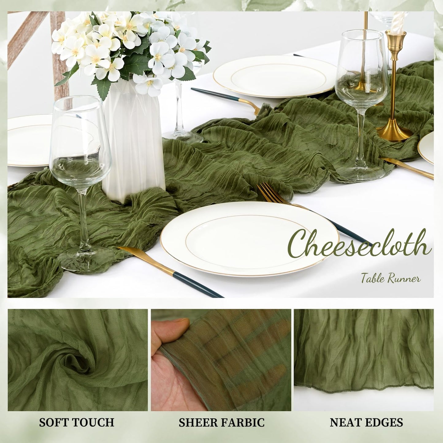 6 Pack Olive Green 10FT Cheesecloth Table Runner Rustic Gauze Cheese Cloth Table Runner for Wedding Bridal Baby Shower Table Decorations Boho Fabric Sheer Birthday Party Decor 20 x 120 Inch Long