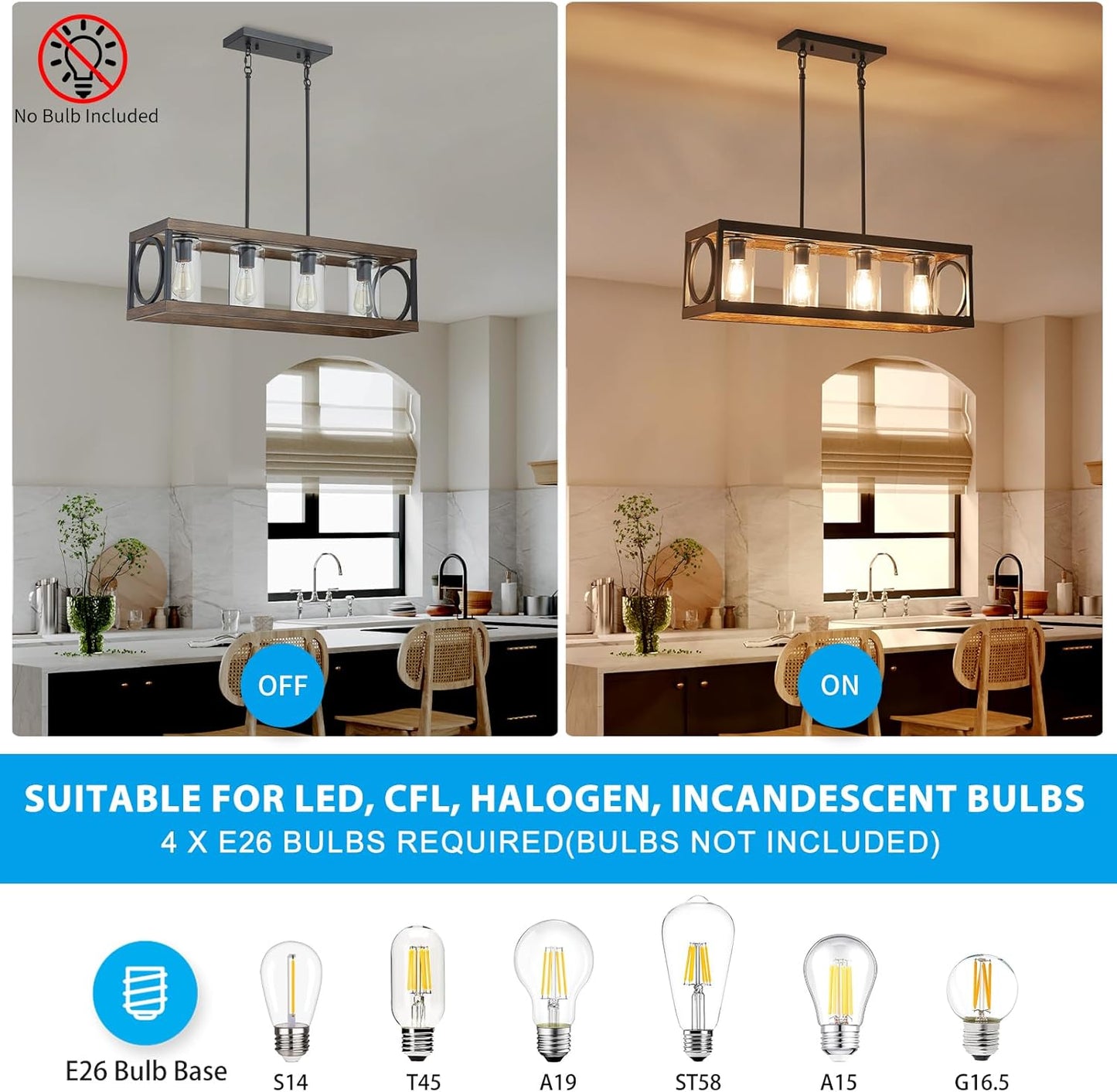 XINGQI Rectangle Chandeliers 31.5" Farmhouse Kitchen Island Lighting Fixture Over Table Modern Vintage Linear Hanging 4-Light for Dining Room Living Room Black Wood Grain Finish with Glass Lampshade