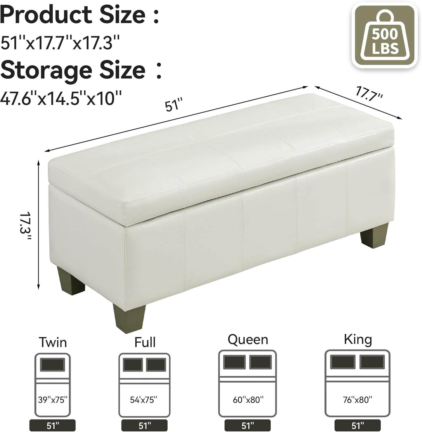 51" Faux Leather Storage Ottoman, Stitch Tufted Rectangle Upholstered End of Bed Storage Bench, Entryway Large Couch Ottoman with Wooden Legs,White