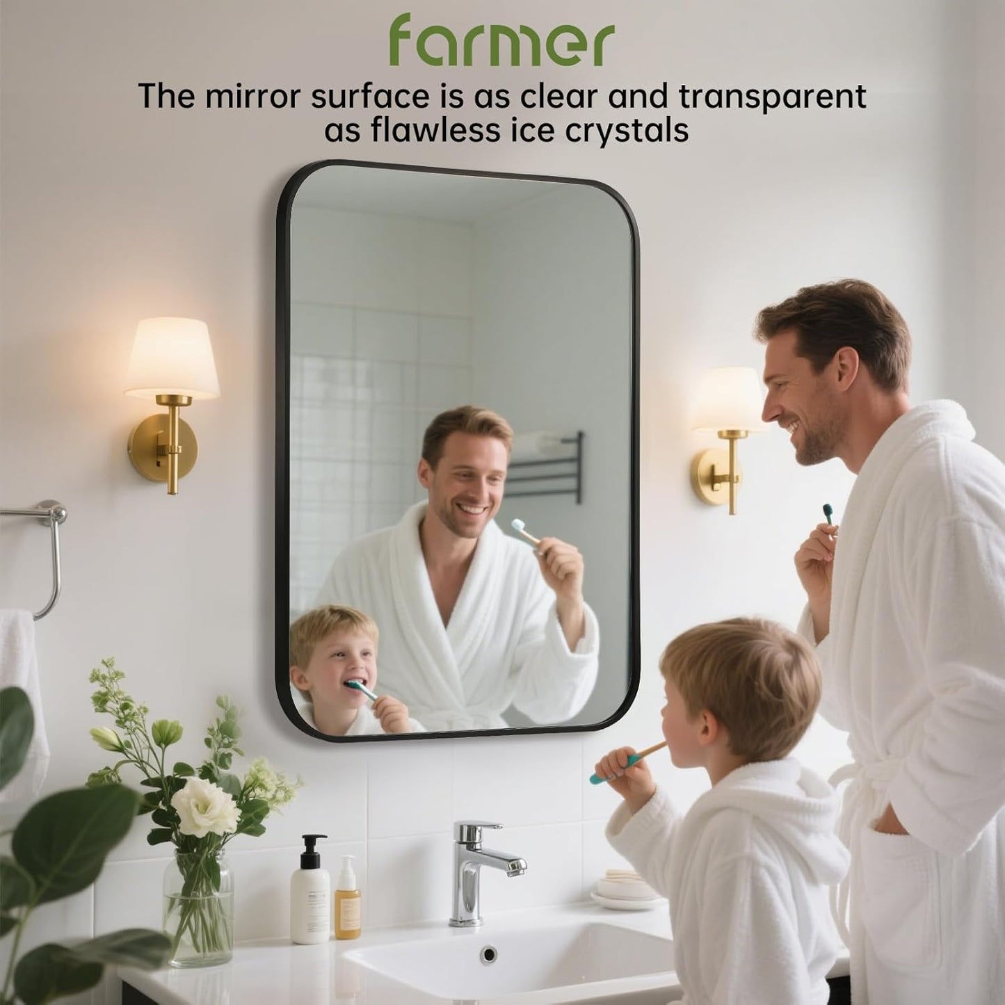 FARMER 26x38 Inch Black Bathroom Mirror, Rectangle Vanity Mirror, Brushed Mirrors for Wall, Metal Frame Hanging Mirror with Round Corner for Bedrooms, Entryways, Living Rooms, Horizontal/Vertical
