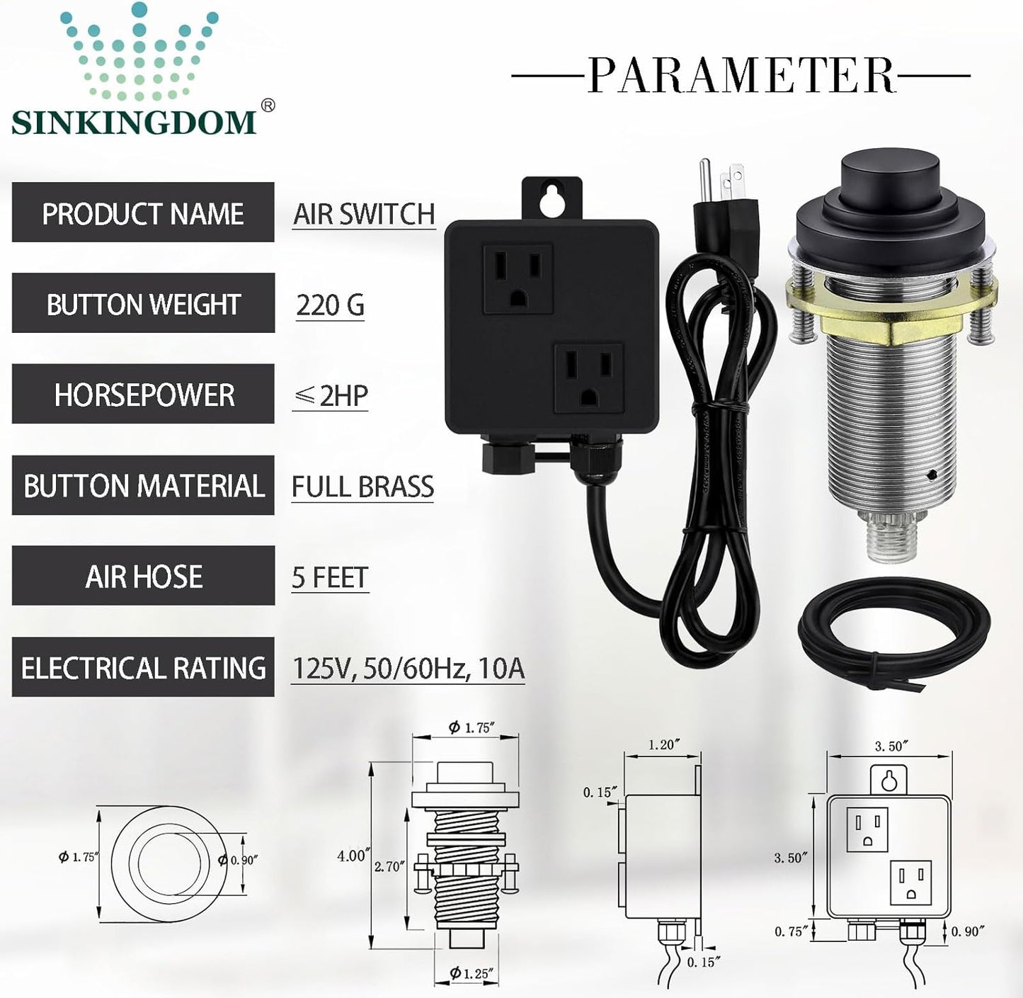 SinkTop Air Switch Kit (Long Full Brass Button) for Disposal, Dual Outlet, (Matte Black)