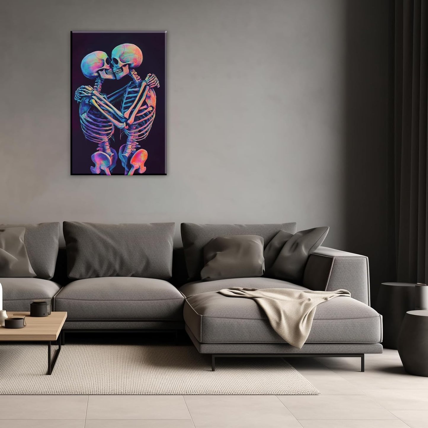 Skeleton Wall Art Kissing Skull Art Poster Skeleton Lover Picture Print On Canvas Abstract Horrible Theme Painting Framed Artwork Living Room Decor(Artwork-3,16"x24")