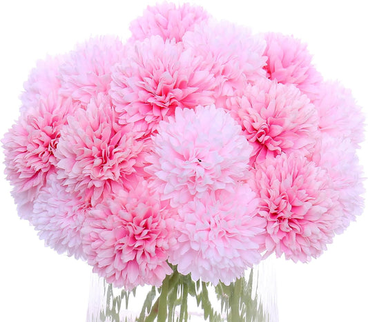 Kimura's Cabin 20Pcs Fake Mums Flowers Artificial Silk Ball Flower Faux Chrysanthemum Wedding Arrangements Bouquets Home Garden Table Centerpieces (Pink Light Pink)