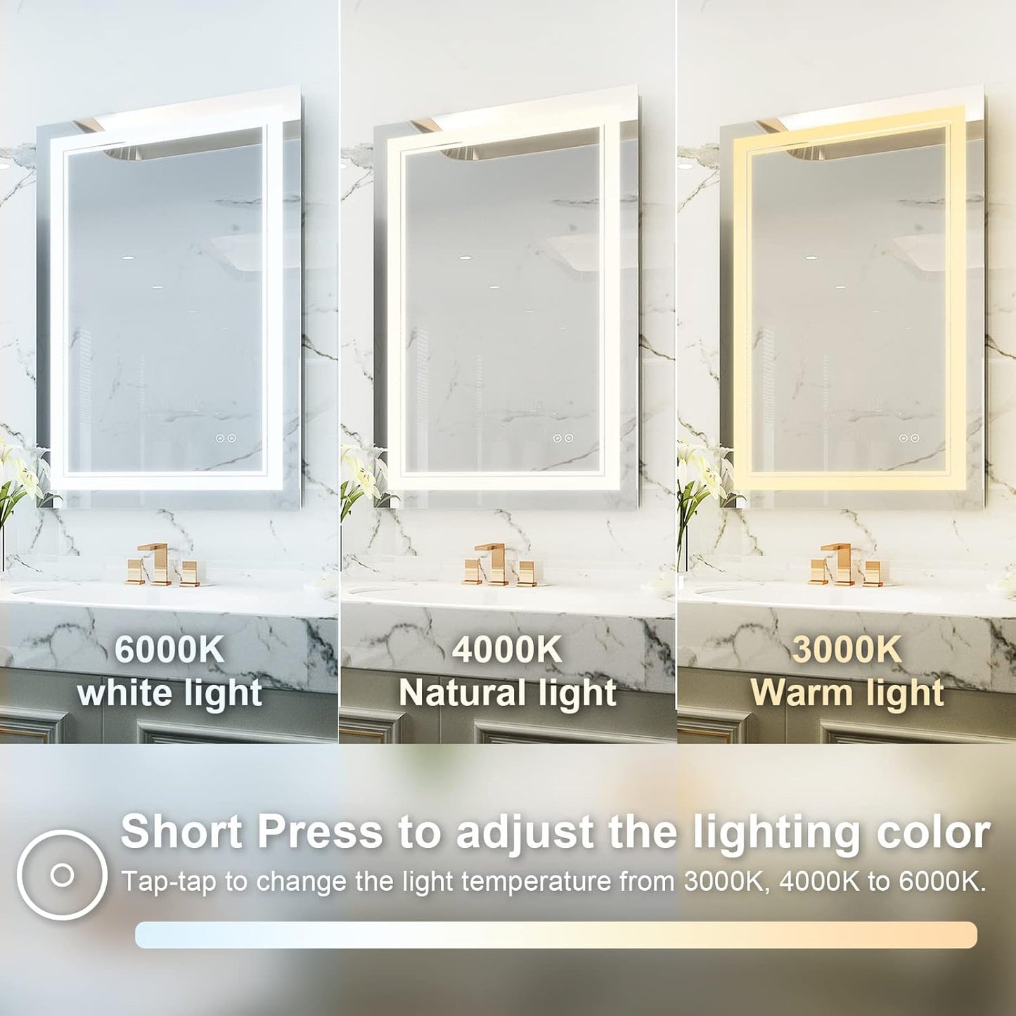 WELLFOR LED Bathroom Vanity Mirror 24 x 36 Inch, Lighted Anti-Fog Dimmable Mirror, IP44 Waterproof Wall Mounted Makeup Mirror, Packed with US Standard Plug and Touch Switch, (Horizontal/Vertical)