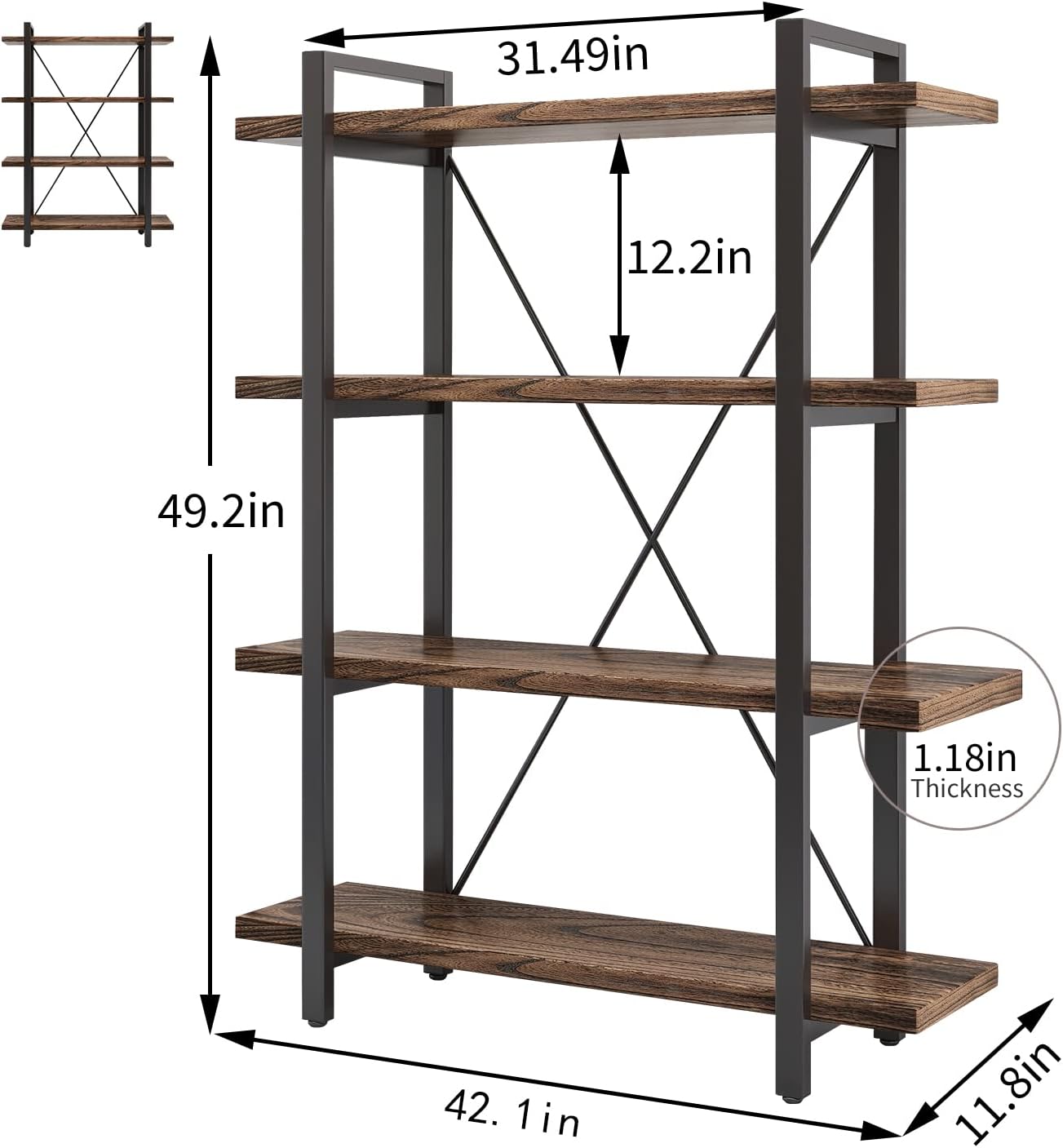 4 Tier Bookshelf Solid Wood Bookcase and Book Shelves Wood and Metal Shelving Rustic Open Bookshelf Office,Distressed Brown (AY-02-4Tier)