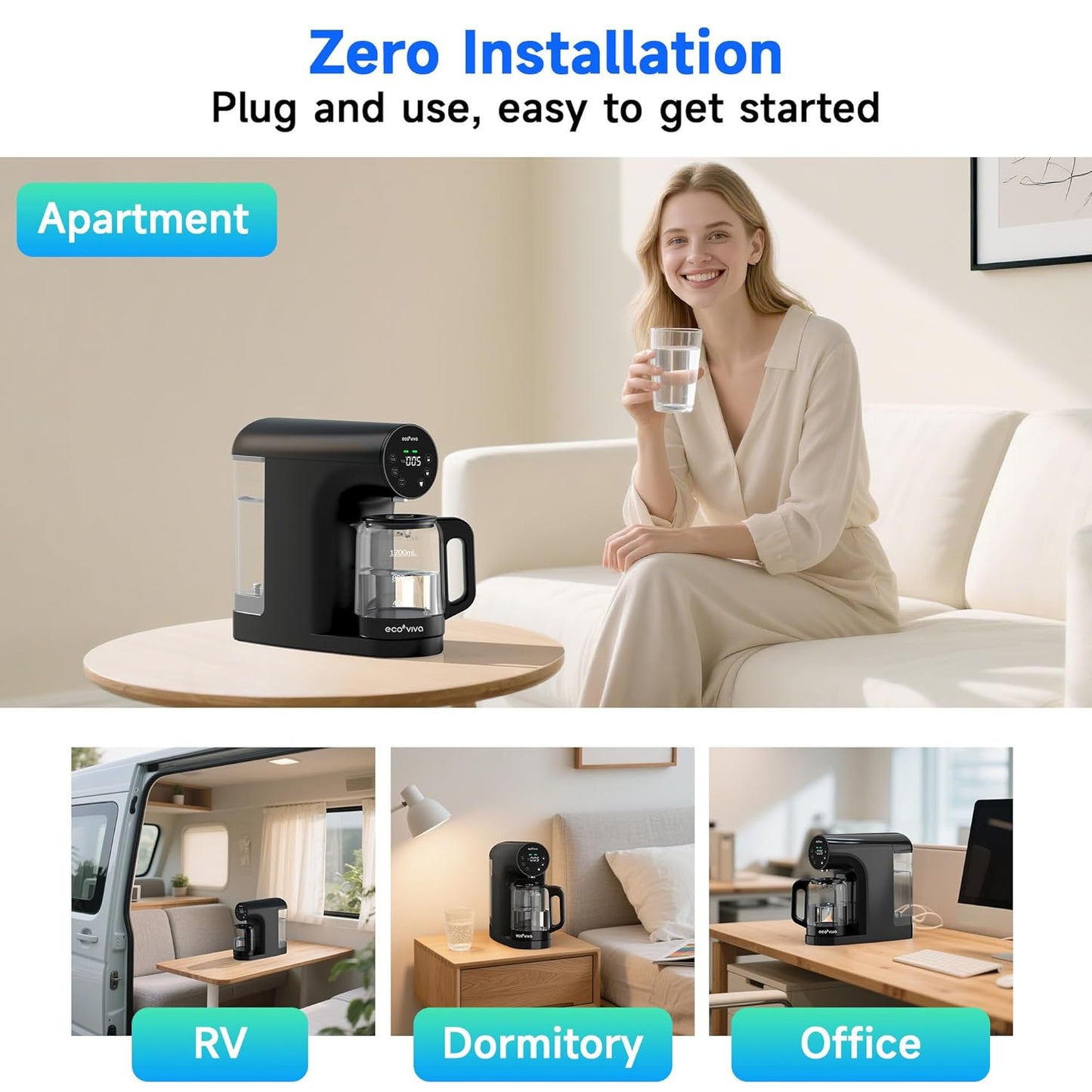 Ecoviva Countertop Reverse Osmosis Water Filter, 6 Stage RO Water Filtration System with Glass Carafe, TDS Displayr, 3:1 Pure to Drain, Portable No Installation Water Purifier Black