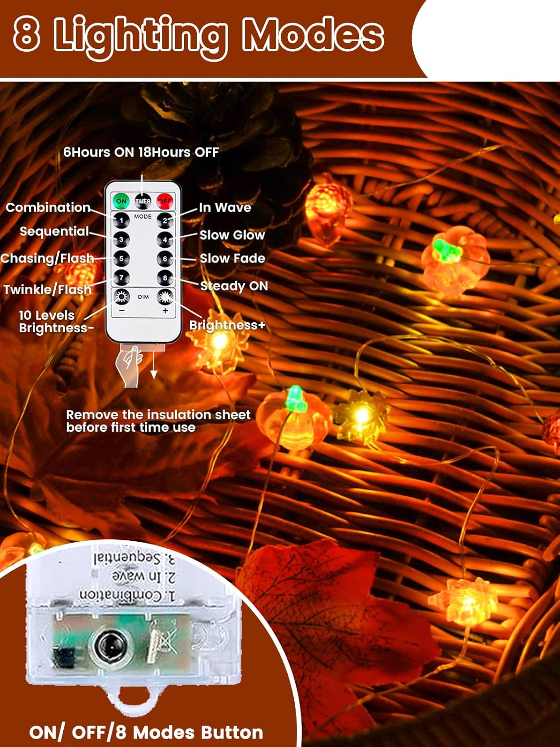 2 Pack 60LED Fall Decoration 3D Pumpkin Acorn Maple Leaf String Light Battery Operated, 20FT Fall Lights with Remote, Waterproof 8 Modes Fairy Lights for Autumn Harvest Thanksgiving Halloween Decor