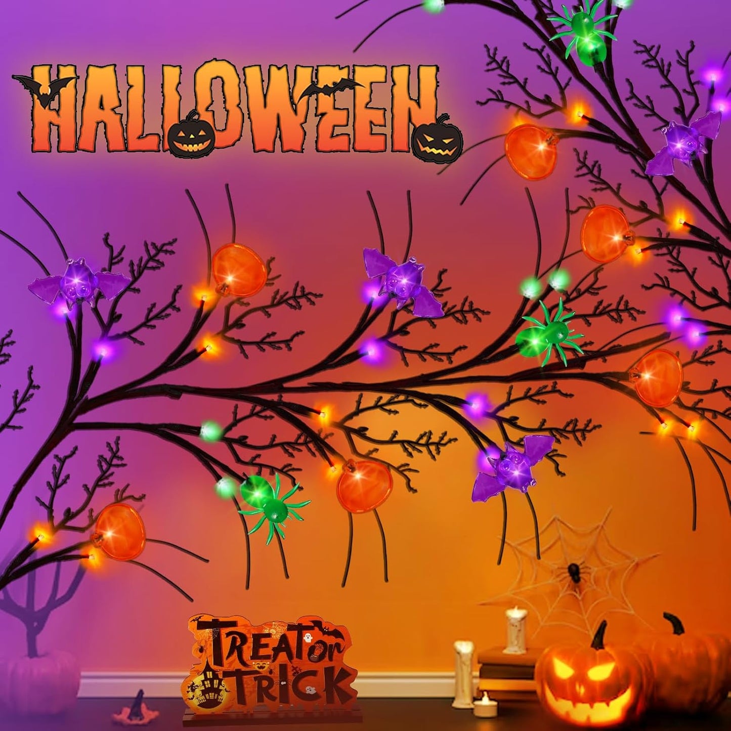 [8 Modes & Timer] 6 Ft Halloween Willow Vine Twig Decor Garland with Bats Pumpkins Spiders Lights, 54 LED Battery Operated Halloween Lights for Indoor Home Mantle Fireplace Decor