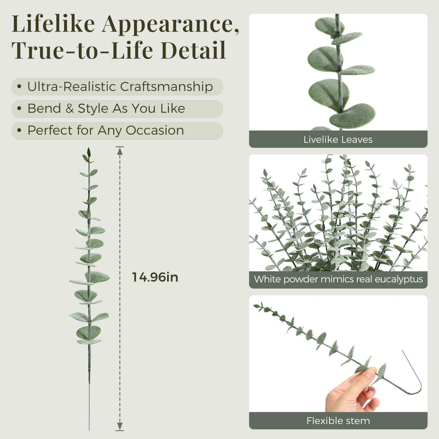 18Pcs Faux Eucalyptus Stems, 15" Artificial Eucalyptus Plants with White Frosted Coating, Fake Eucalyptus Decor Plastic Greenery Leaves for Wedding Bouquets Home Decor DIY Floral Arrangements