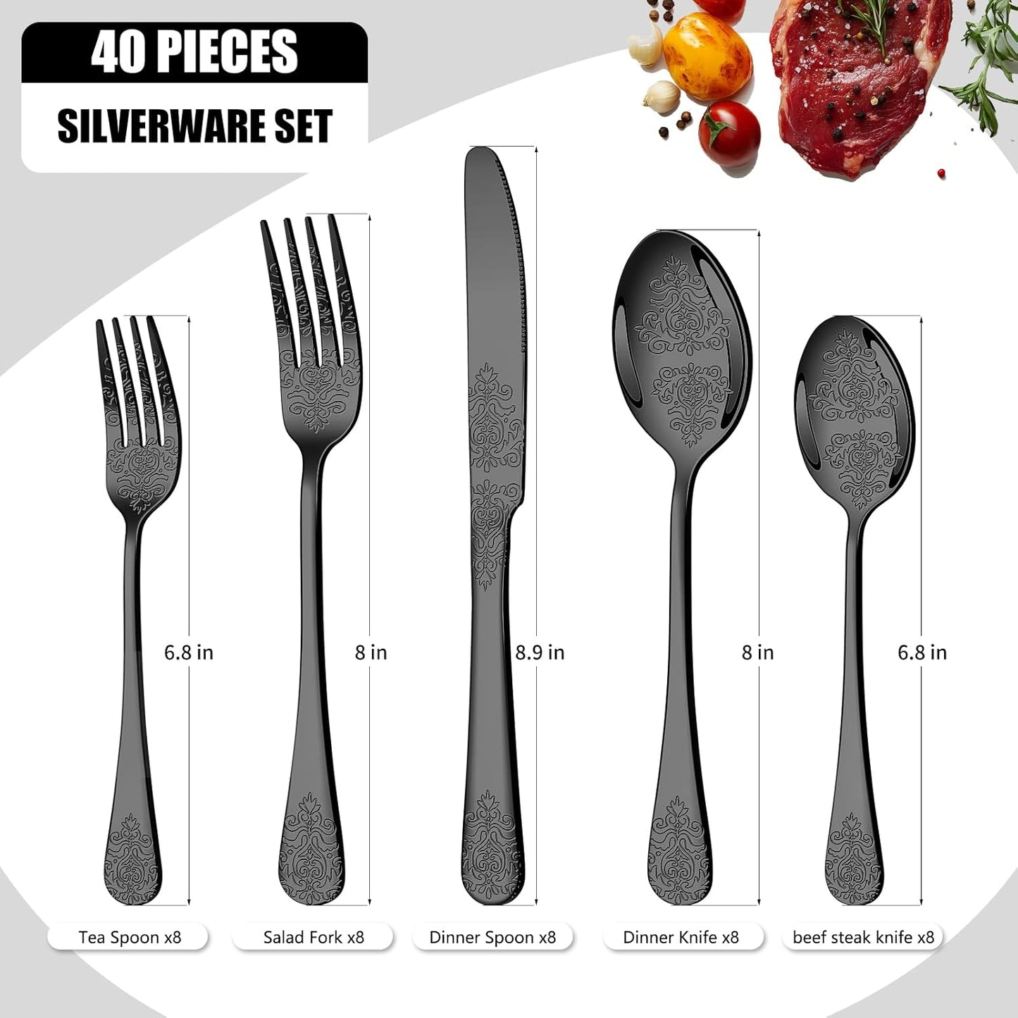 40 Pcs Black Silverware Set for 8 with Classical Flower Embossed Design, Food Grade Stainless Steel Flatware Set, Eating Utensils Sets Include Fork/Knife/Spoon, Cutlery Set, Dishwasher Safe