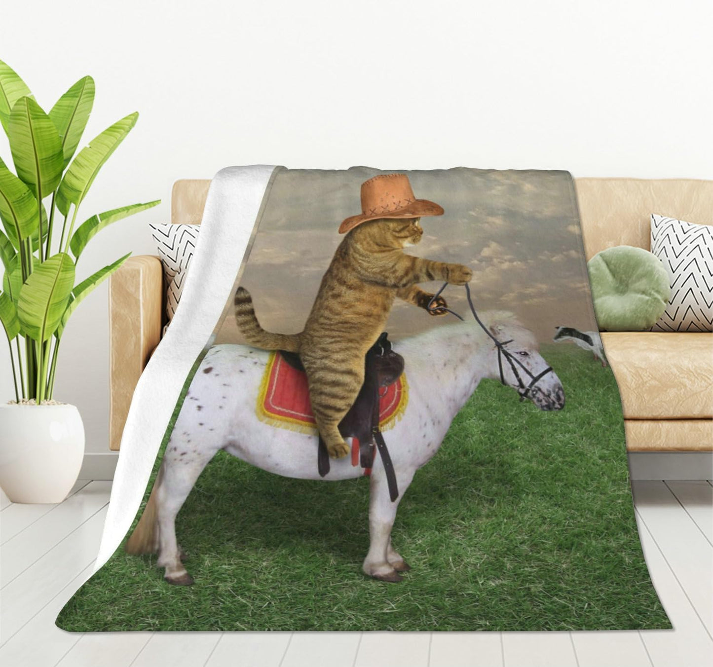 HGOD DESIGNS Funny Cat Throw Blanket Ultra Soft Warm All Season The Cat Cowboy on a Horse Decorative Fleece Blankets for Bed Chair Car Sofa Couch Bedroom 40"X50"