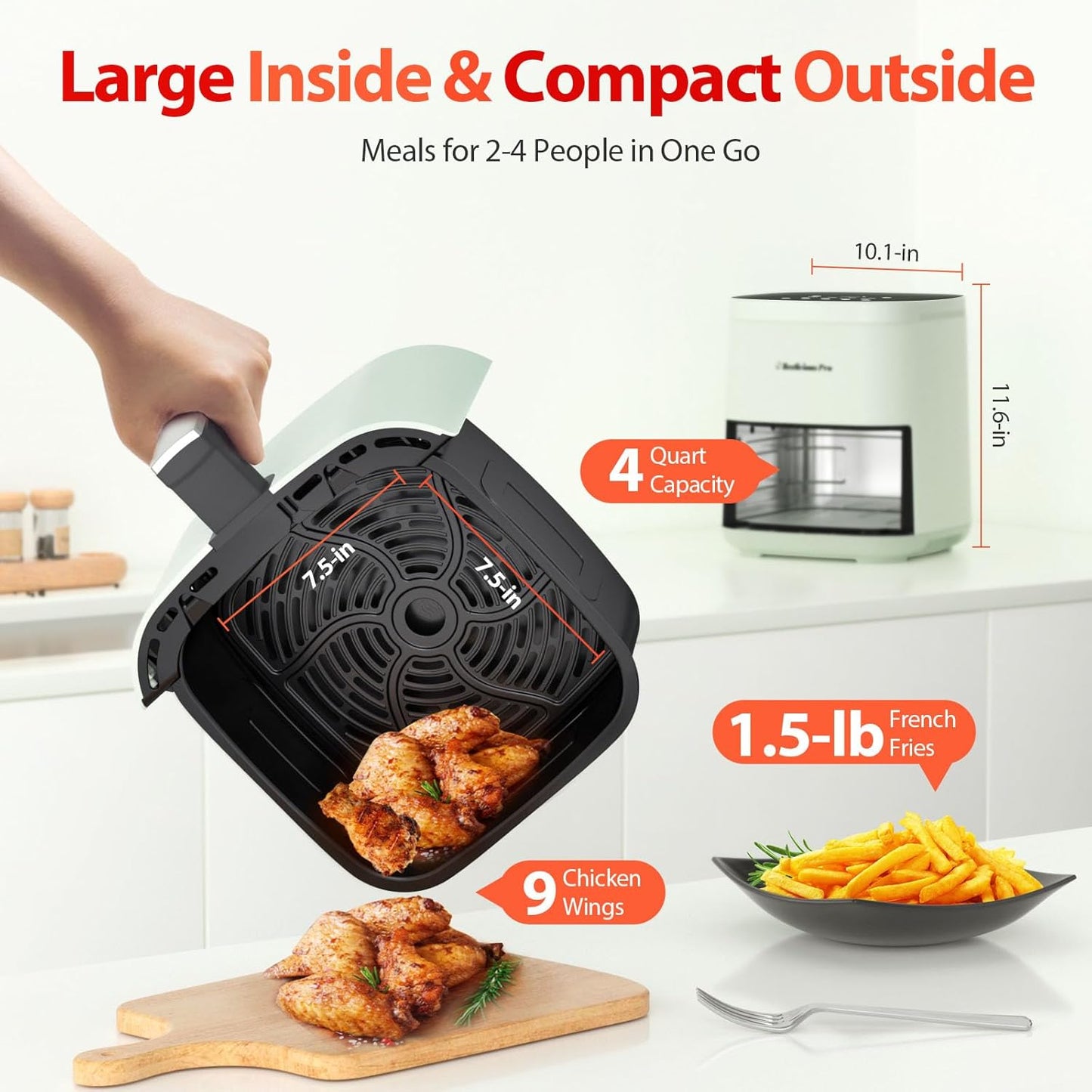 Air Fryer, Beelicious 8-in-1 Smart Compact 4QT Air Fryers, Shake Reminder,450°F Digital Airfryer with Flavor-Lock Tech,Tempered Glass Display, Dishwasher-Safe & Nonstick, Fit for 1-3 People, Avo Green