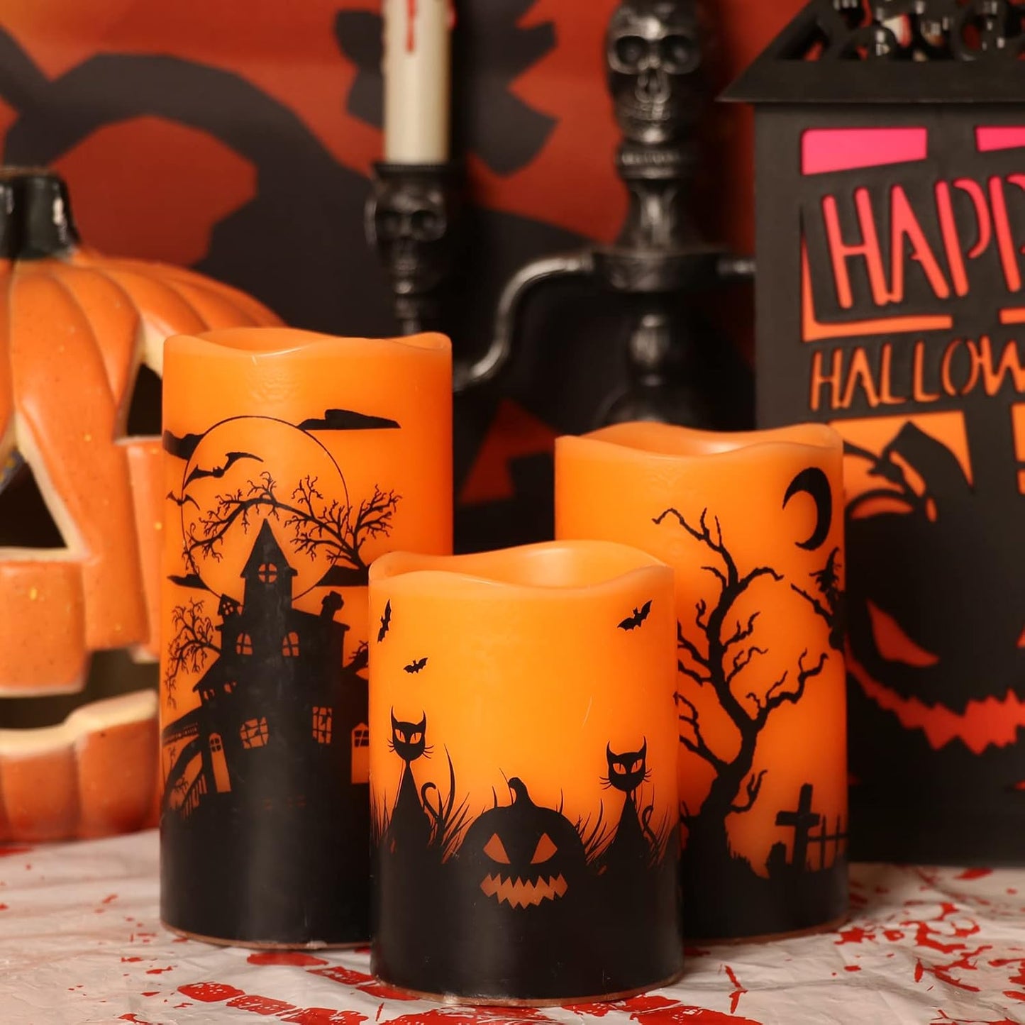 GenSwin Halloween Candles with Timer, Flickering Flameless Candles Battery Operated, 3 Pack Real Wax Pillar Candles for Halloween Home Decorations(D3” x H4”5”6”)