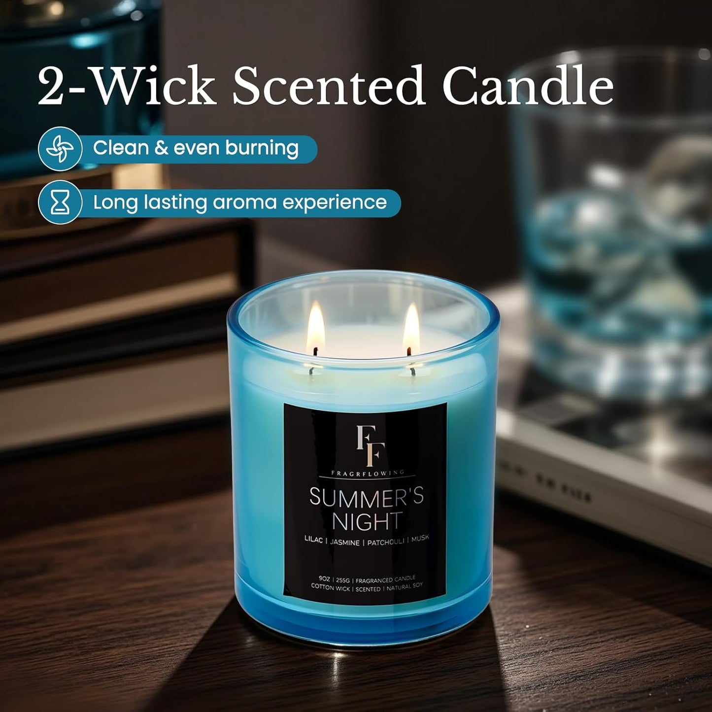 Summer's Night Scented Candle, 2-Wick Luxury Soy Wax Candle, 9 oz Aromatherapy Candle Home Fragrance Candles Gift