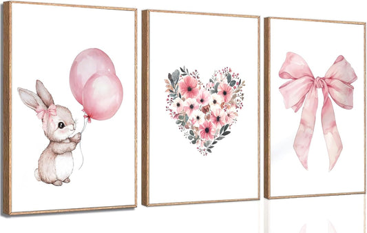 3Pcs Cute Bunny Canvas Wall Art Pink Bow Easter Poster Prints Love Wildflowers Picture Decoration for Nursery Girl Bedroom Children's Room Easter Gifts for Kids Unframed