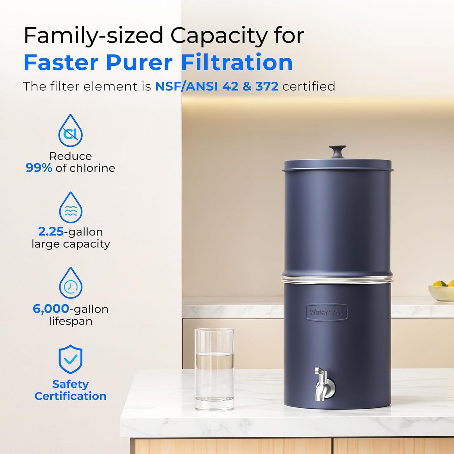 Waterdrop 2.25G Gravity Water Filter System, NSF/ANSI 42&371 Standard, Stainless Steel System with 2 Carbon Filters, Reduces 99% of Lead and Chlorine for Home, Camping, Emergencies, King Tank, Blue