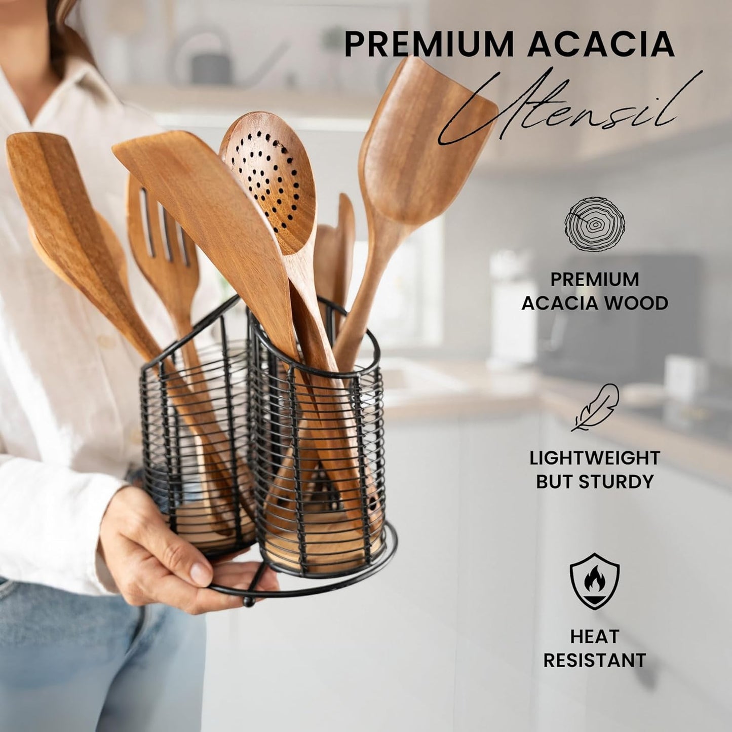 360° Rotating Kitchen Utensil Holder- 3 Compartment Organizer with Cork Bottoms | Includes Premium 9-Piece Acacia Wood Utensil Set | Professional & Home Luxury Design | Metal Utensil Crock (Black)