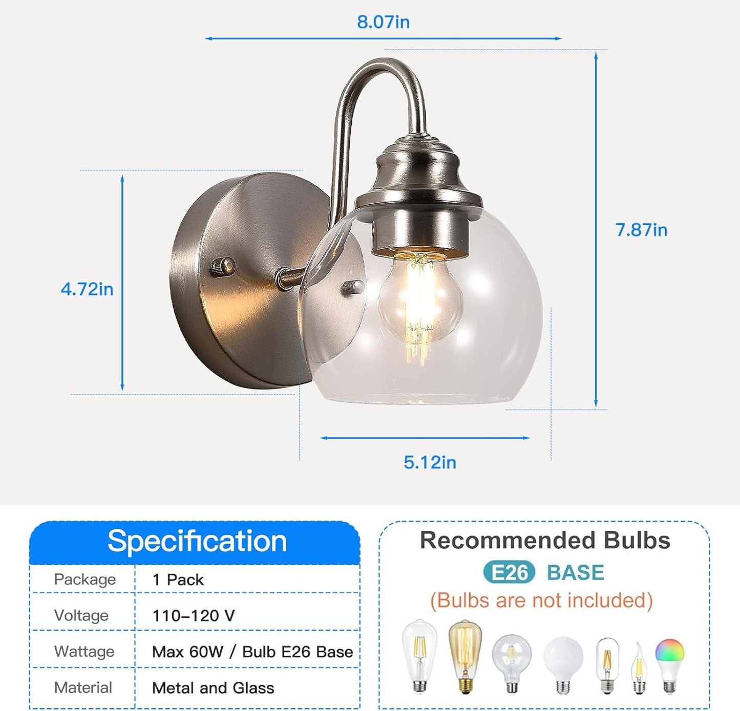 Farmhouse Gooseneck Wall Sconces Set of Two, Bathroom Brushed Nickel Vanity Light, Modern Indoor Wall Light Fixtures with Clear Glass for Bathroom Beside Mirror Living Room Hallway(Brushed Nickel)