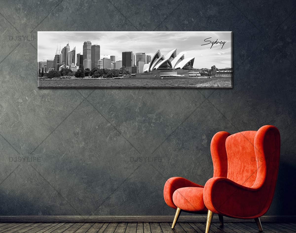 DJSYLIFE Sydney Skyline Wall Art Decor Canvas Print Black and White City Building Landscape Poster Australia Cityscape Modern Artwork Painting for Bedroom Office Home Decoration - 13.8" x 47.3"