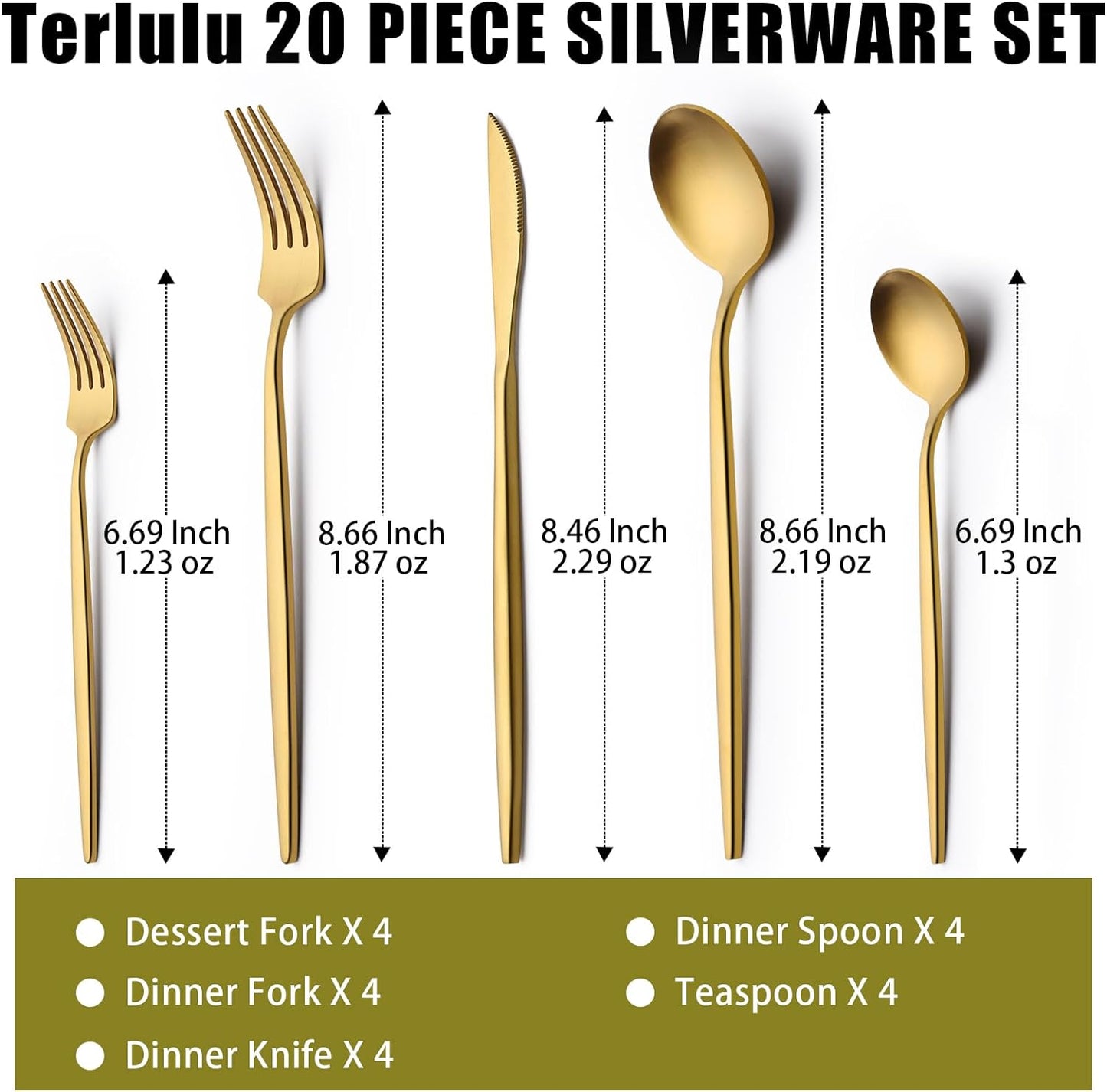 20 Piece Gold Silverware Set for 4, Terlulu Stainless Steel Flatware Set, Gold Cutlery Set Utensils Set, Tableware Include Forks Knives Spoons for Home Kitchen Restaurant Wedding, Satin Finish