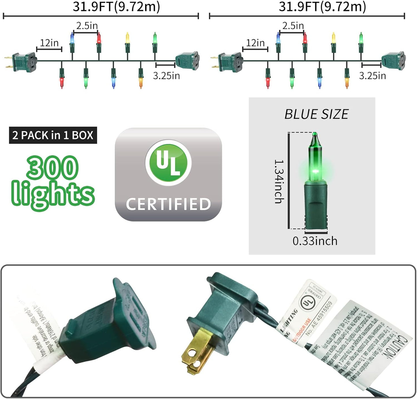 Green Wire,Multicolor,Incandescent Bulb 300 Mini String Lights for Indoor Christmas Tree Garland Birthday Wedding Party Festival Decoration