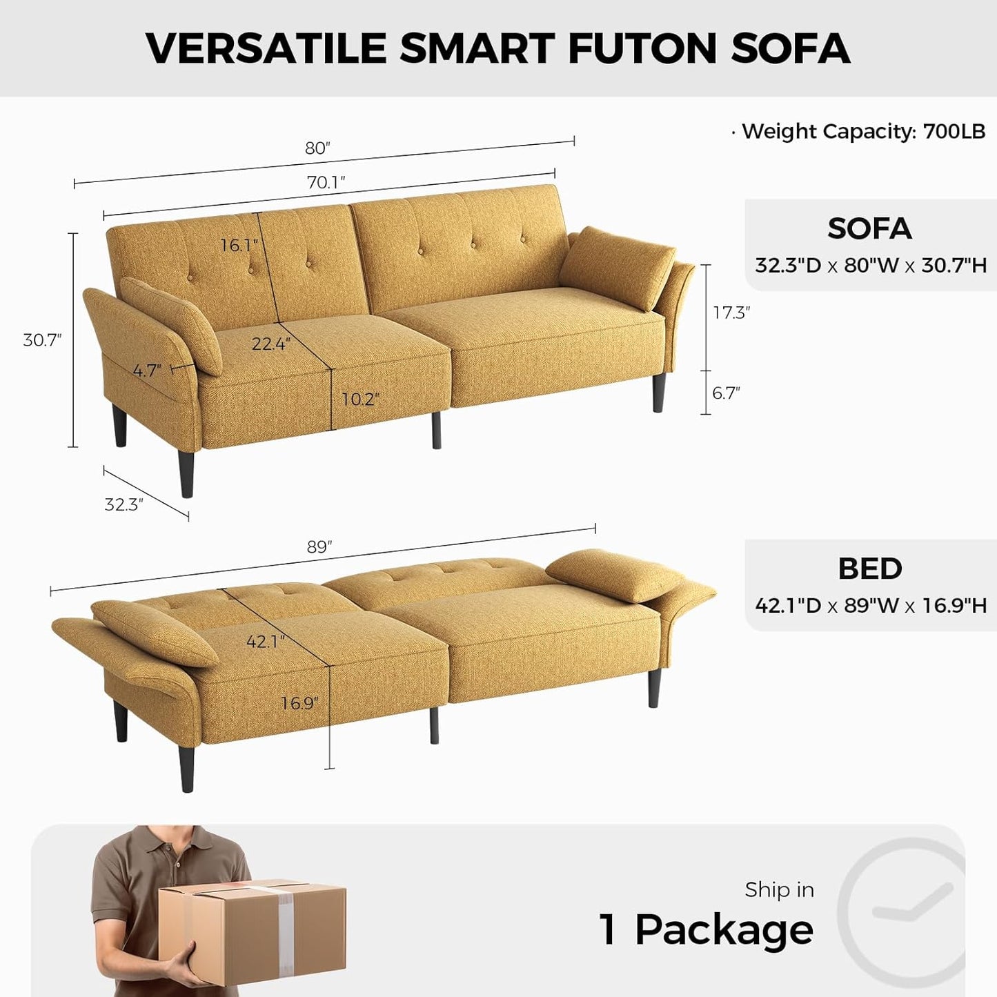 89” Futon Sofa Bed, Linen Comfy Futon Couch Bed with 2 Square Pillows, Convertible Sleeper Sofa with Adjustable Backrest& Armrests, Modern Loveseat Sleeper for Living Room, Bedroom, Yellow