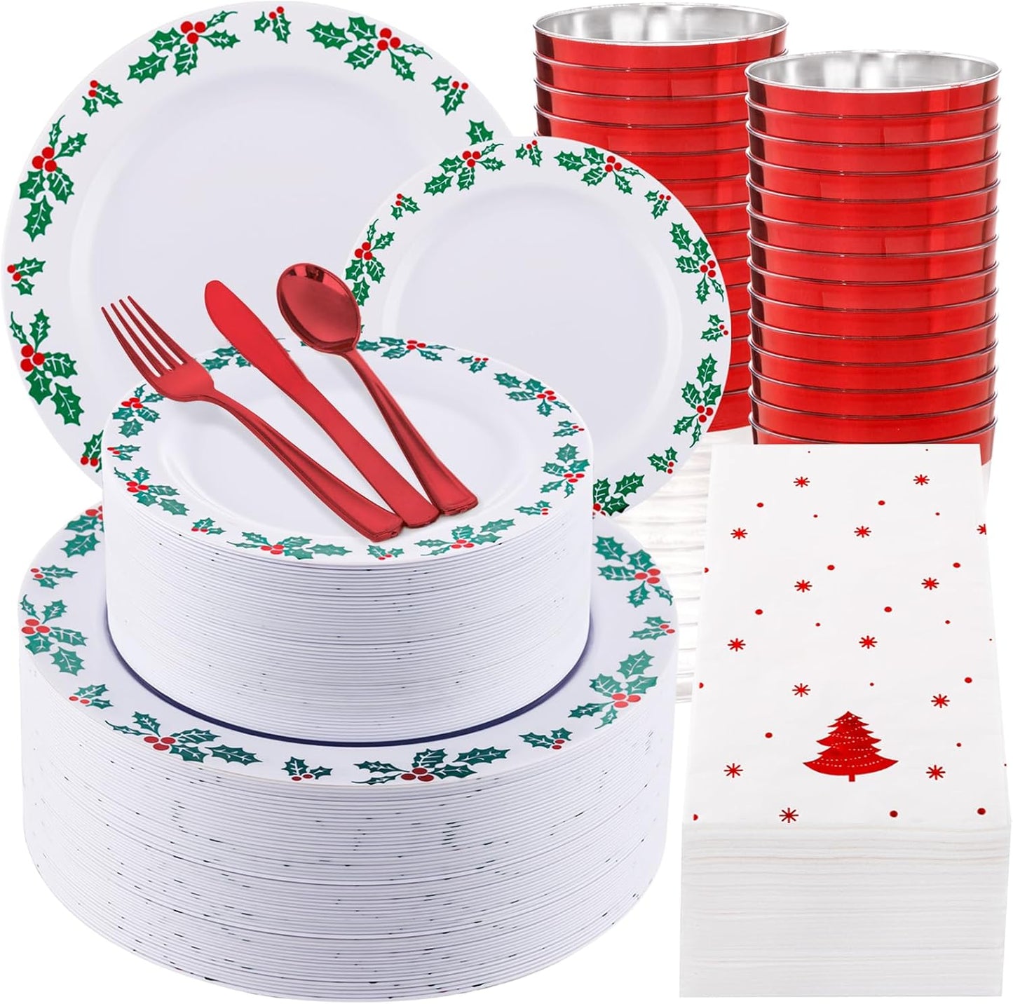 WDF 350pcs Christmas Plates and Napkins Set - Exquisite Holly Design - Christmas Dinnerware Set of 50 Christmas Plastic Plates 50 Red Silverware Set&Cups&Christmas Napkins
