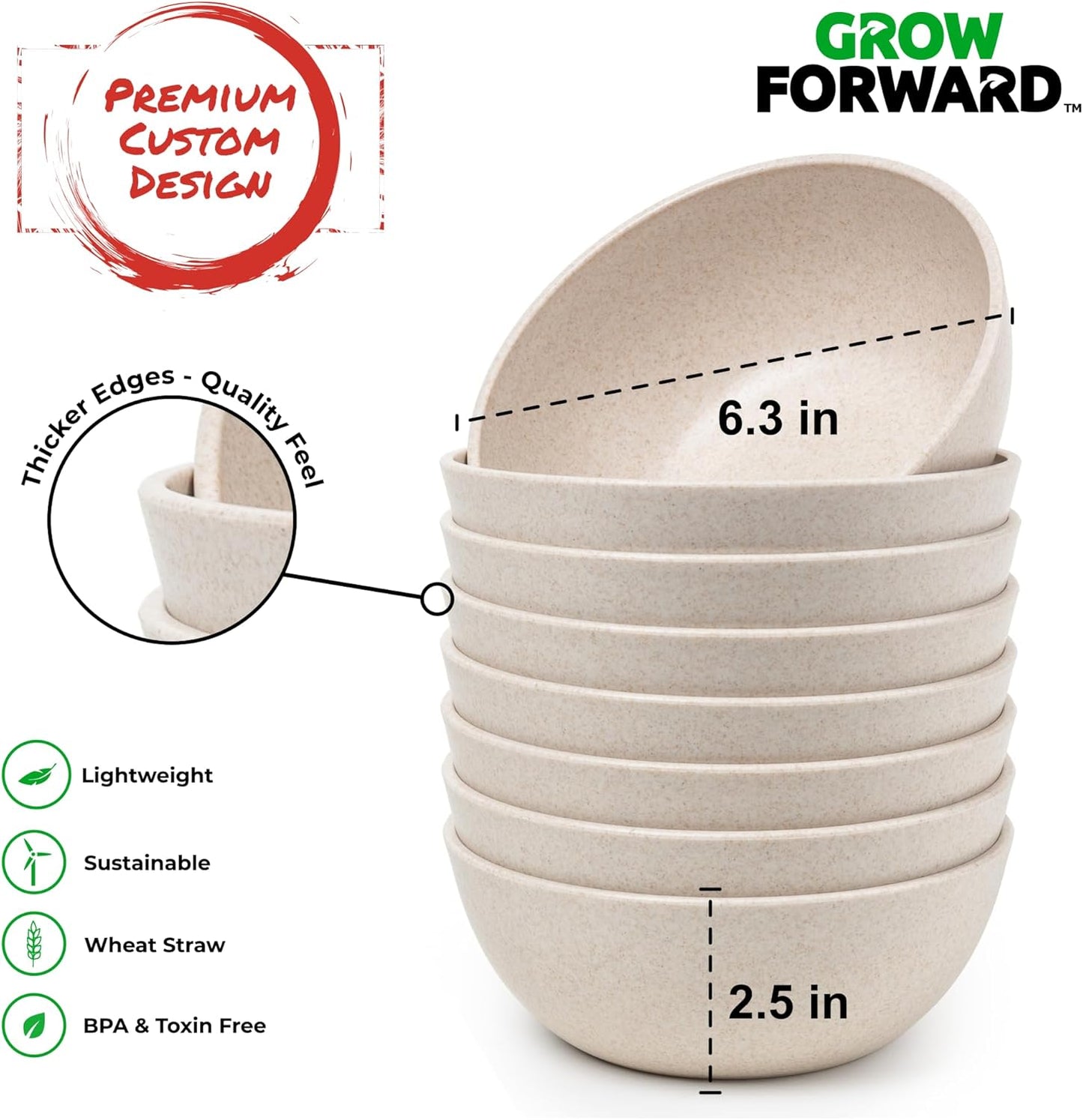 Grow Forward Premium Wheat Straw Bowls - 27oz Microwave Safe Plastic Cereal Bowls Set of 8 for Kitchen, Camping, RV, Dessert, Snack, Soup, Salad, Fruit - Reusable, Unbreakable & BPA Free - Sahara