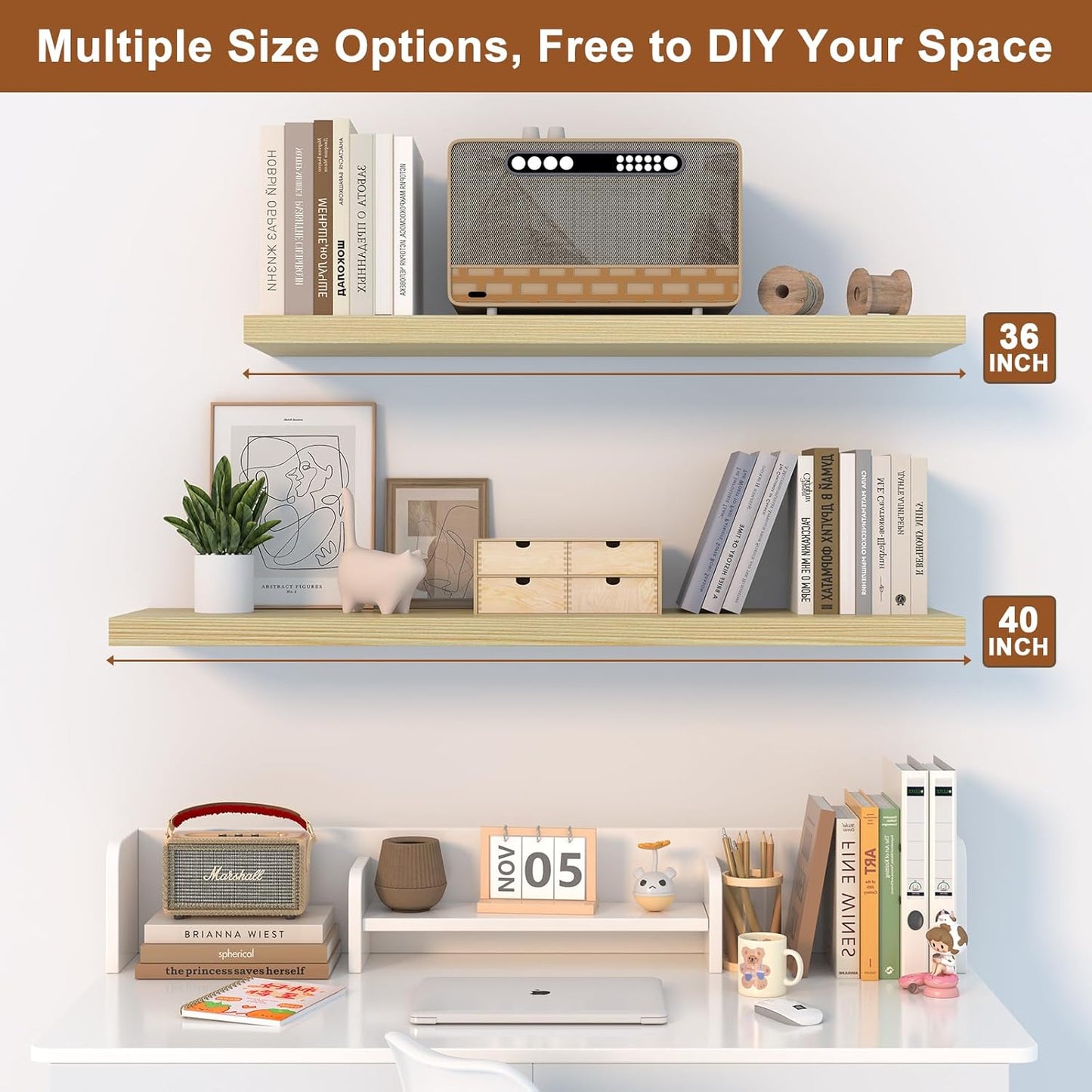 40 Inch Floating Shelf 2 Pack Large Floating Shelves for Wall No Drilling Accessories Included Deep Wall Shelves for Living Room Kitchen Farmhouse 40" W x 12" D x 1.2" Oak