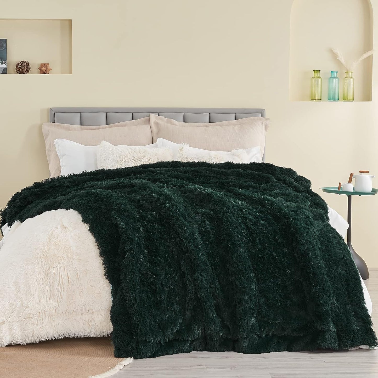 GONAAP Fuzzy Faux Fur Throw Blanket Forest Green Super Soft Cozy Plush Fuzzy Shaggy Blanket for Couch Sofa Bed (Forest Green, Throw(50"x60"))