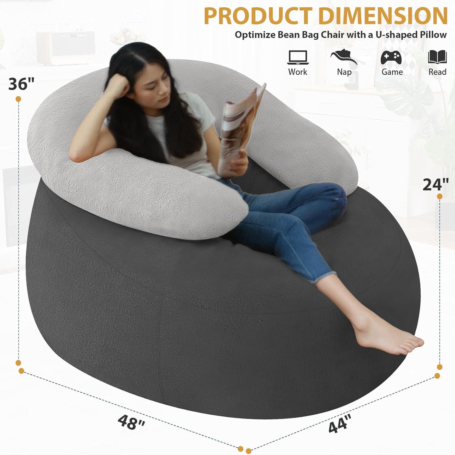 HABUTWAY Bean Bag Chair with U-shaped Pillow for Adult and Kids Big BeanBag Chair with Filling Ultra Soft Faux Fur Couch Chair with Washable Cover for Living Room Bedroom Office, Dark Grey& Light Grey